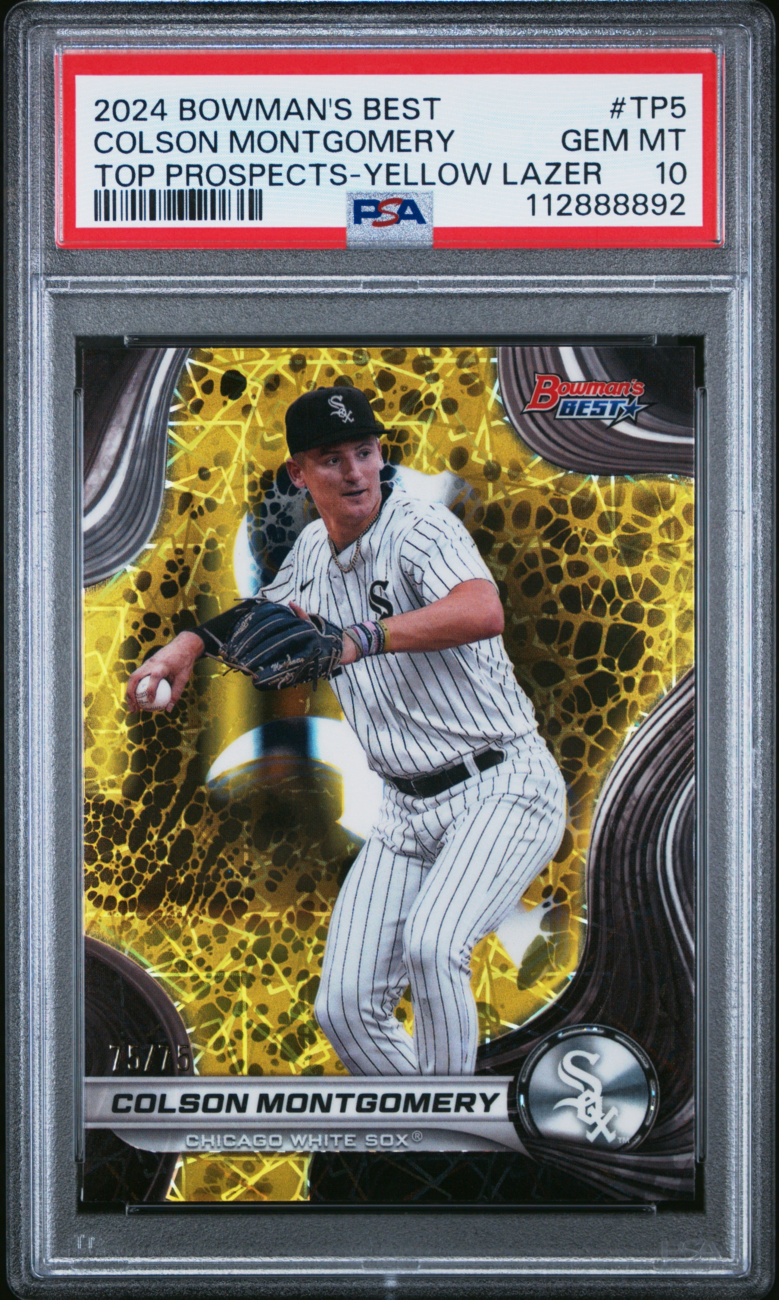 Graded 2024 Topps Bowmans Best Colson Montgomery #TP5 Top Prospects Yellow Lazer /75 Rookie RC Baseball Card PSA 10 Gem Mint