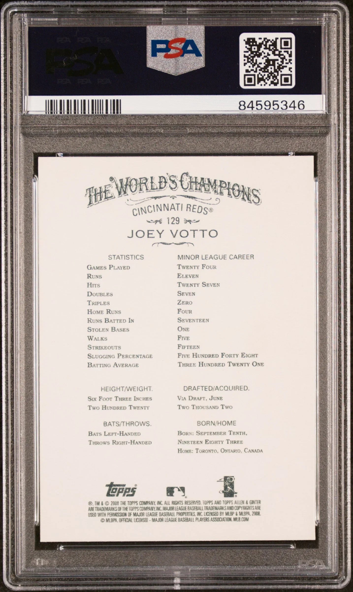 Graded 2008 Topps Allen & Ginter Joey Votto #129 Rookie RC Baseball Card PSA 10 Gem Mint