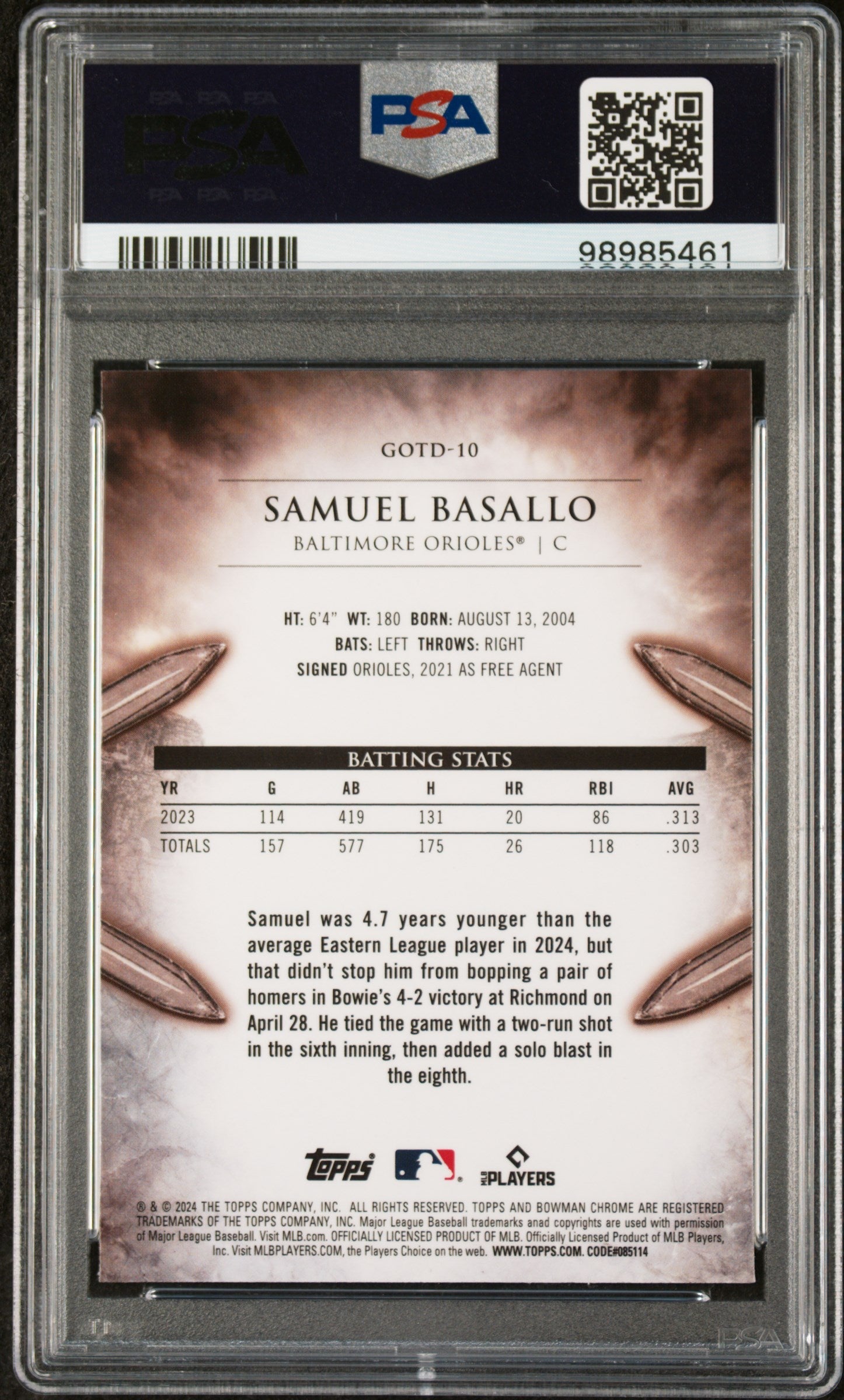 Graded 2024 Topps Bowman Chrome Samuel Basallo #10 Gladiators of the Diamond Rookie RC Baseball Card PSA 10 Gem Mint