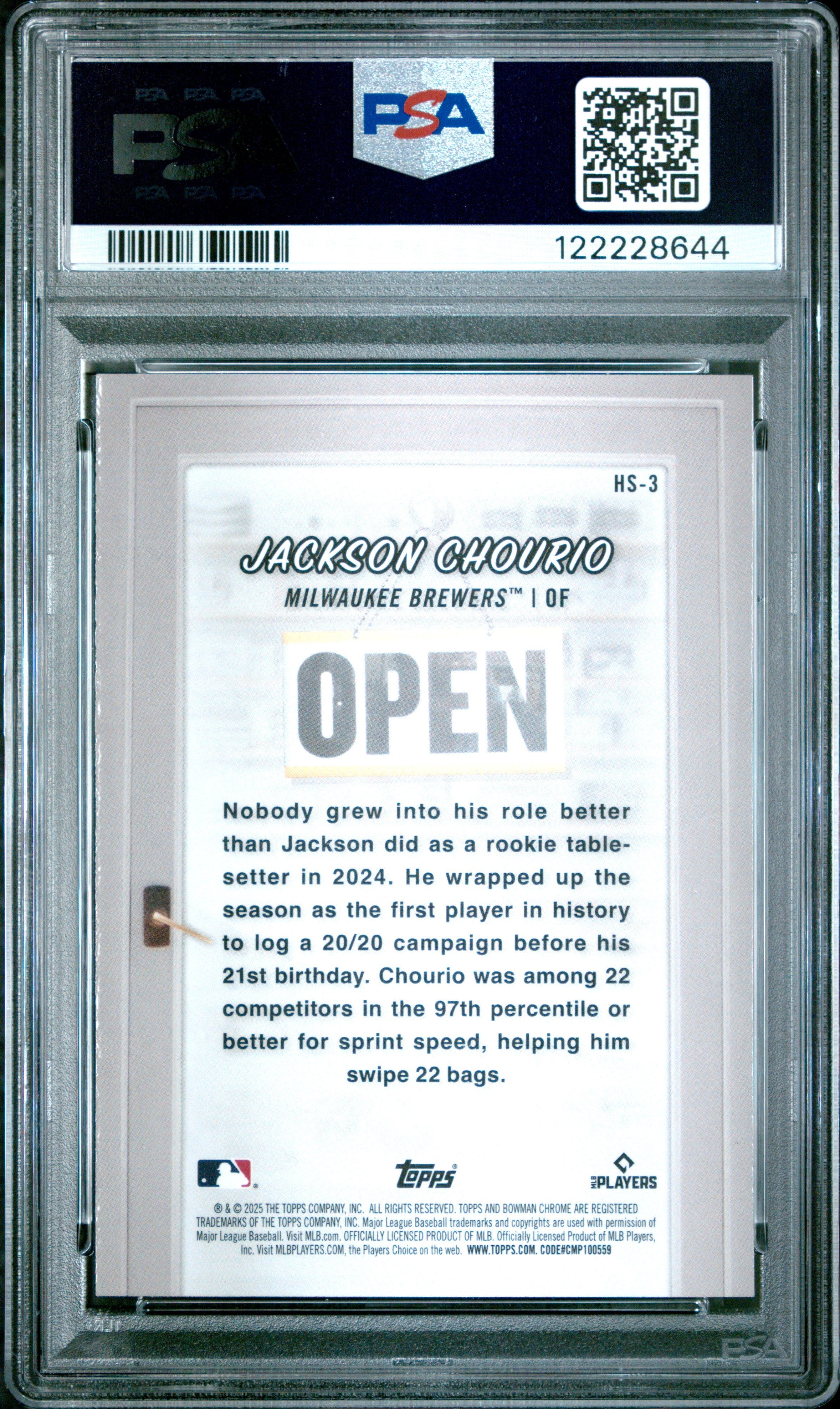 Graded 2025 Topps Bowman Jackson Chourio #HS3 Hobby Stars Baseball Card PSA 10 Gem Mint