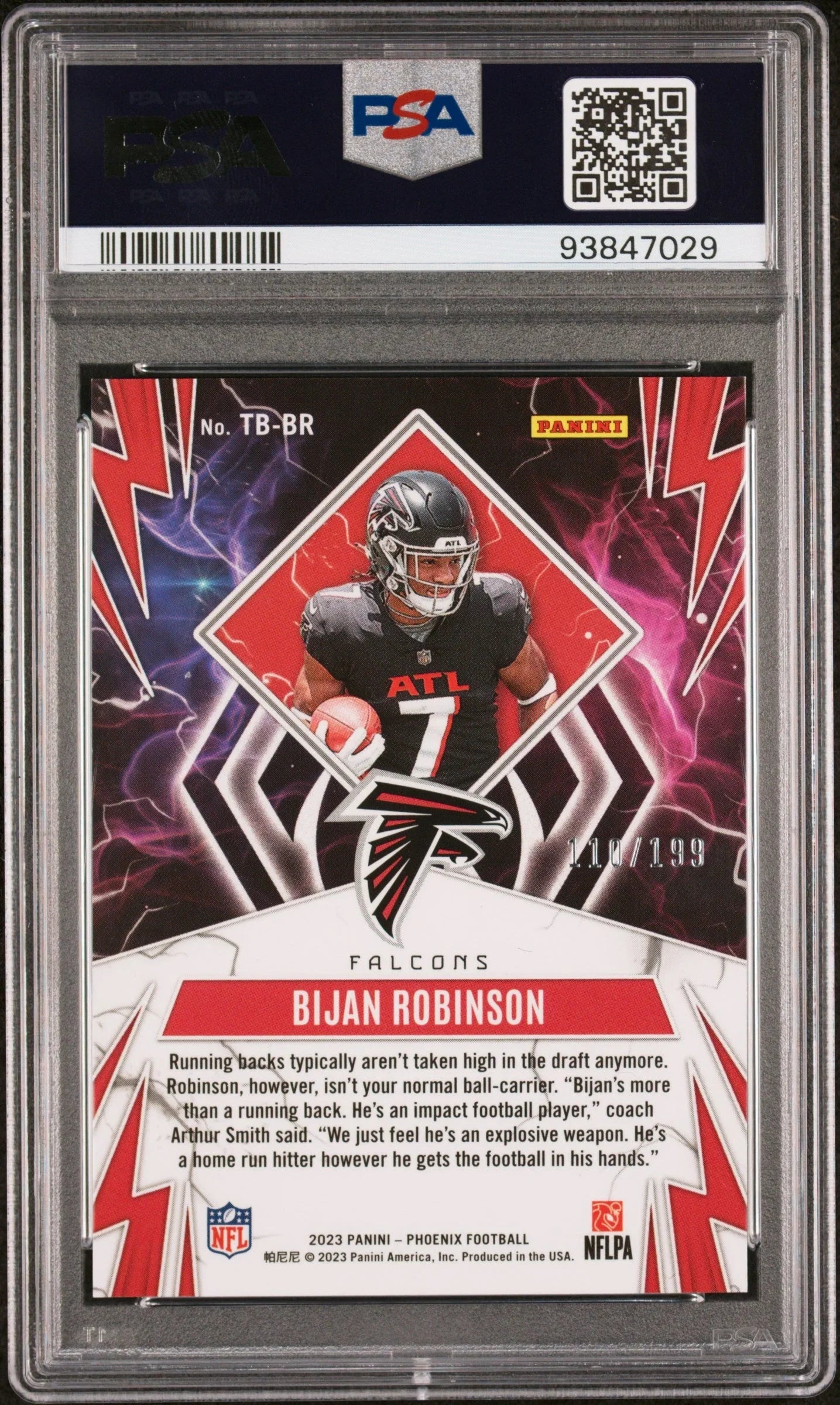 Graded 2023 Panini Phoenix Bijan Robinson #TBBR1 Thunderbirds Red #/199 Rookie RC Football Card PSA 10 Gem Mint
