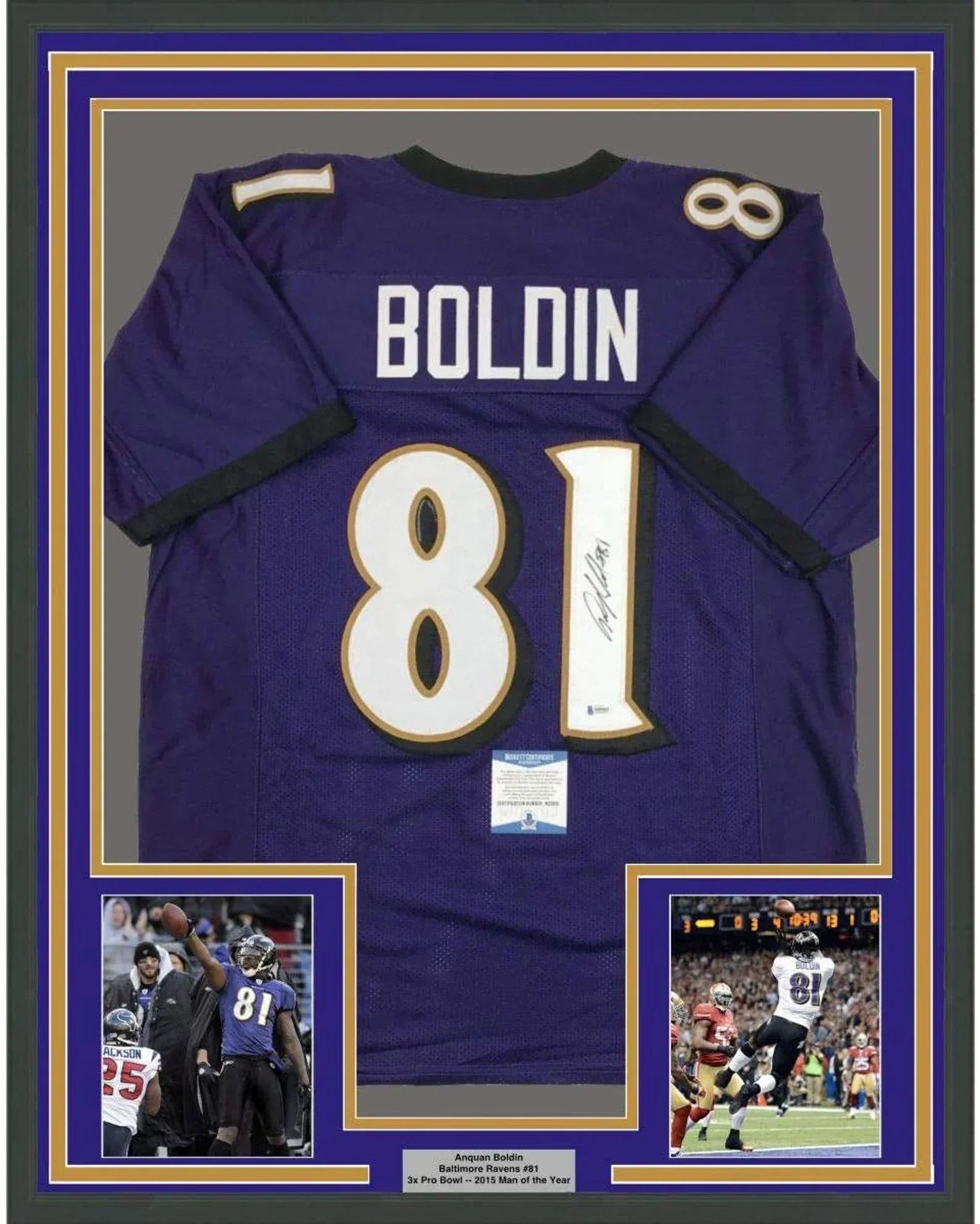 Framed Autographed/Signed Anquan Boldin 35x39 Baltimore Purple Football Jersey Beckett BAS COA