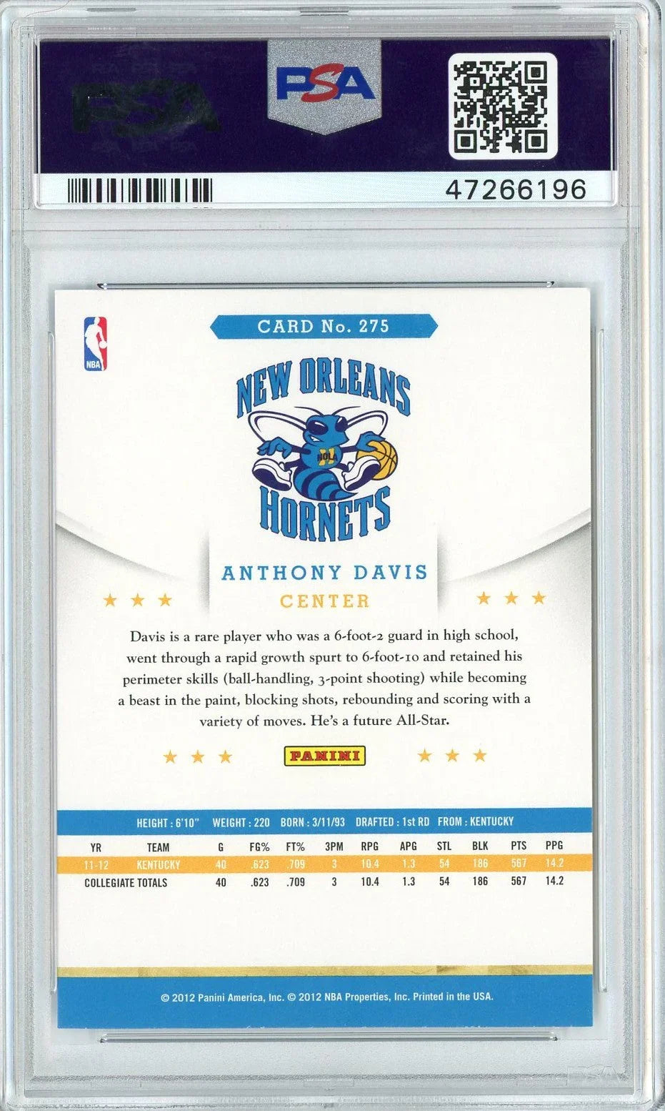 Graded 2012 Panini Hoops Anthony Davis #275 Rookie RC Basketball Card PSA 10 Gem Mint