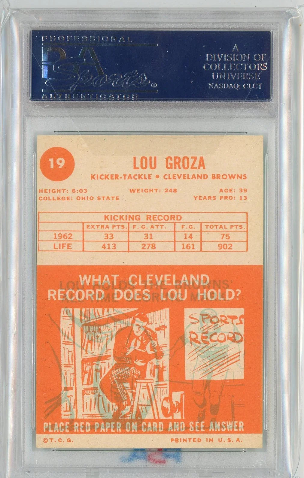 Graded 1963 Topps Lou Groza #19 Football Card PSA 6 EX-MT