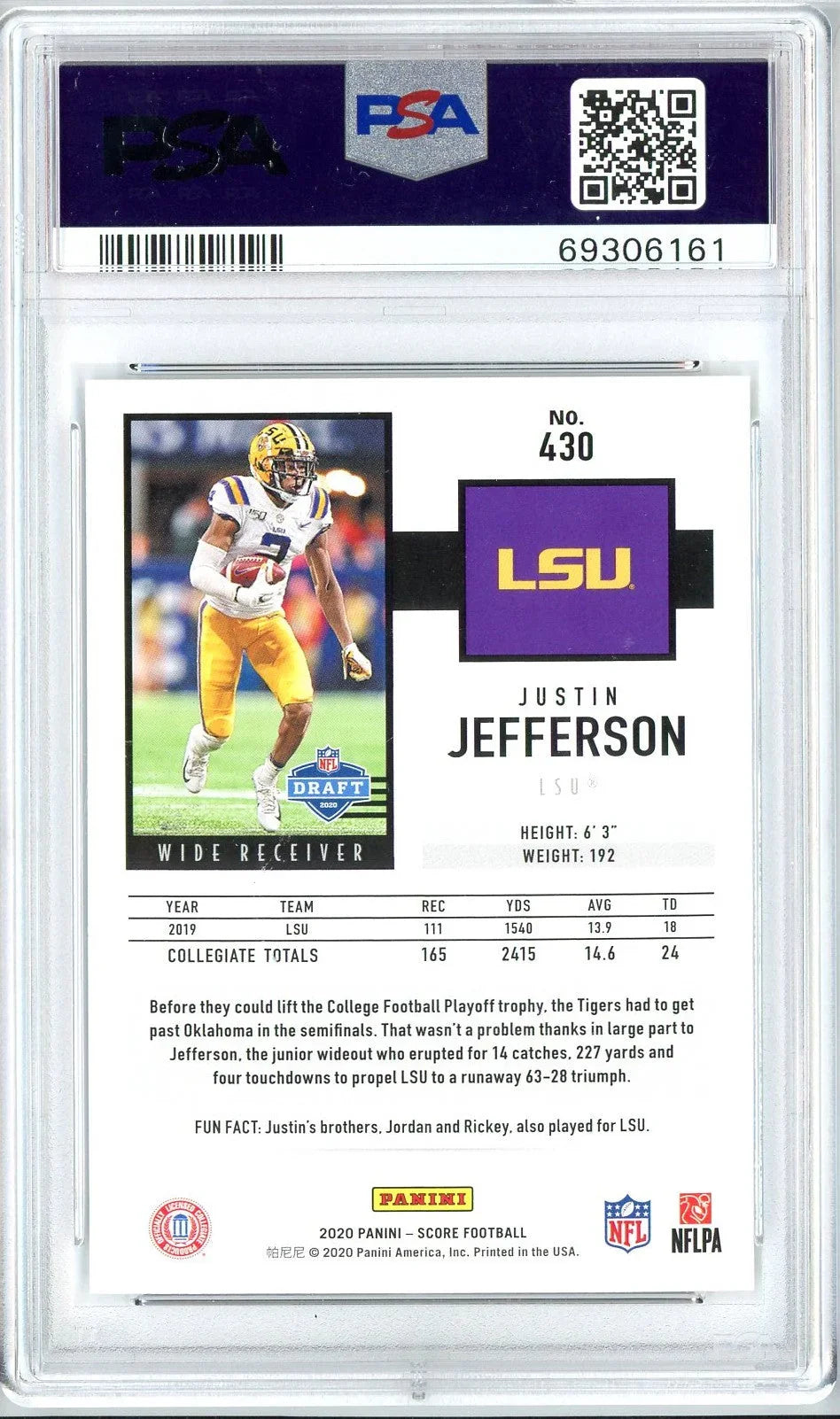 Graded 2020 Panini Score Justin Jefferson #430 Rookie RC Football Card PSA 10 Gem Mint