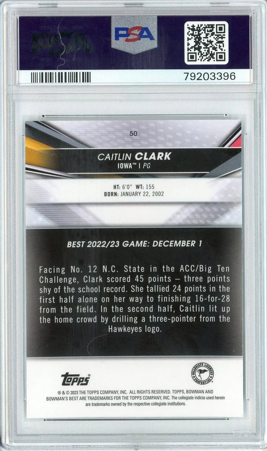 Graded 2022 Topps Bowman University Best Caitlin Clark #50 Rookie RC Basketball Card PSA 10 Gem Mint