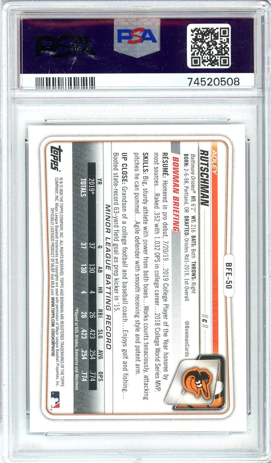 Graded 2020 Topps Bowman 1st Edition Adley Rutschman #BFE50 Sky Blue Foil Rookie RC Baseball Card PSA 10 Gem Mint