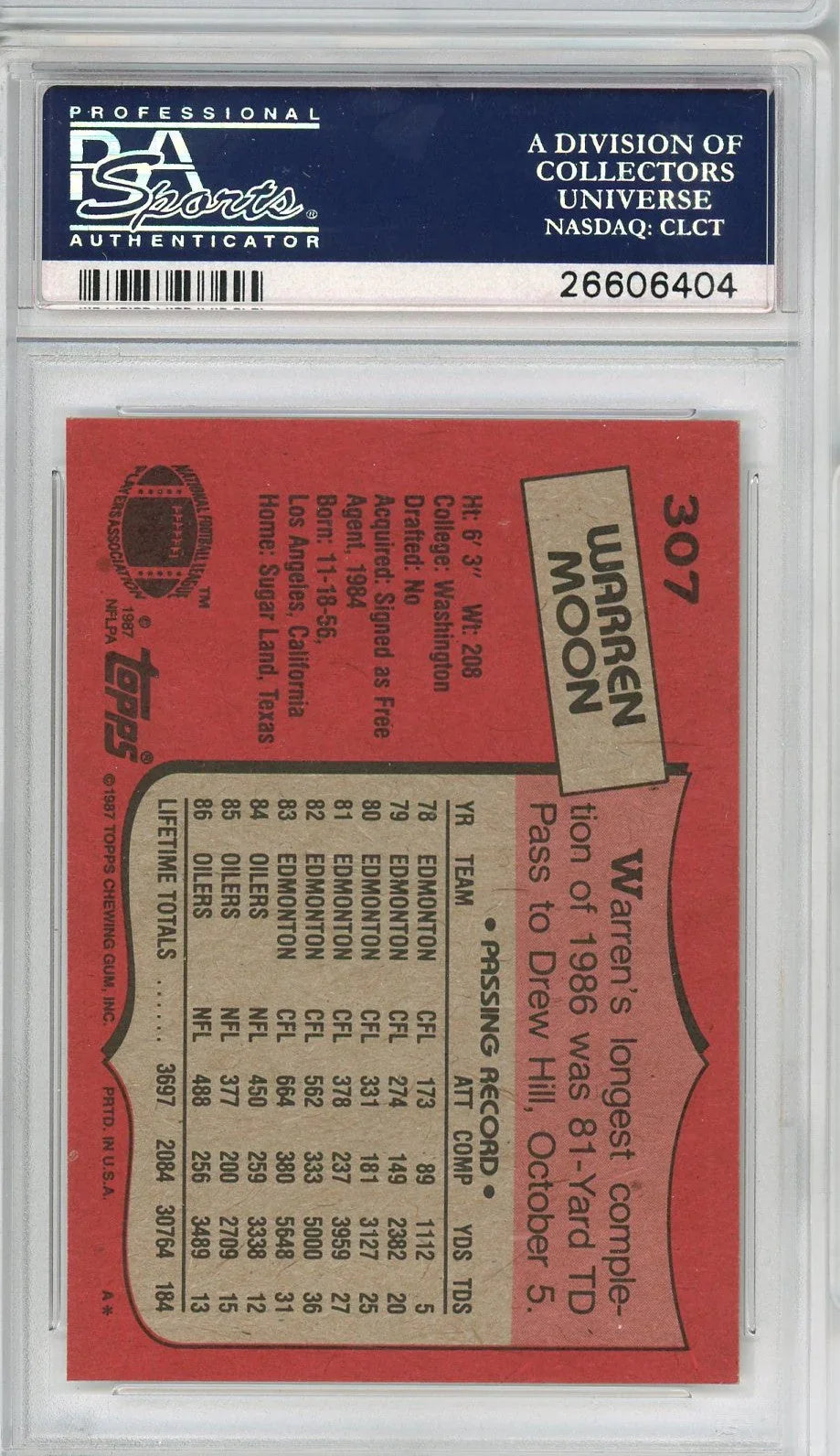 Graded 1987 Topps Warren Moon #307 Football Card PSA 10 Gem Mint