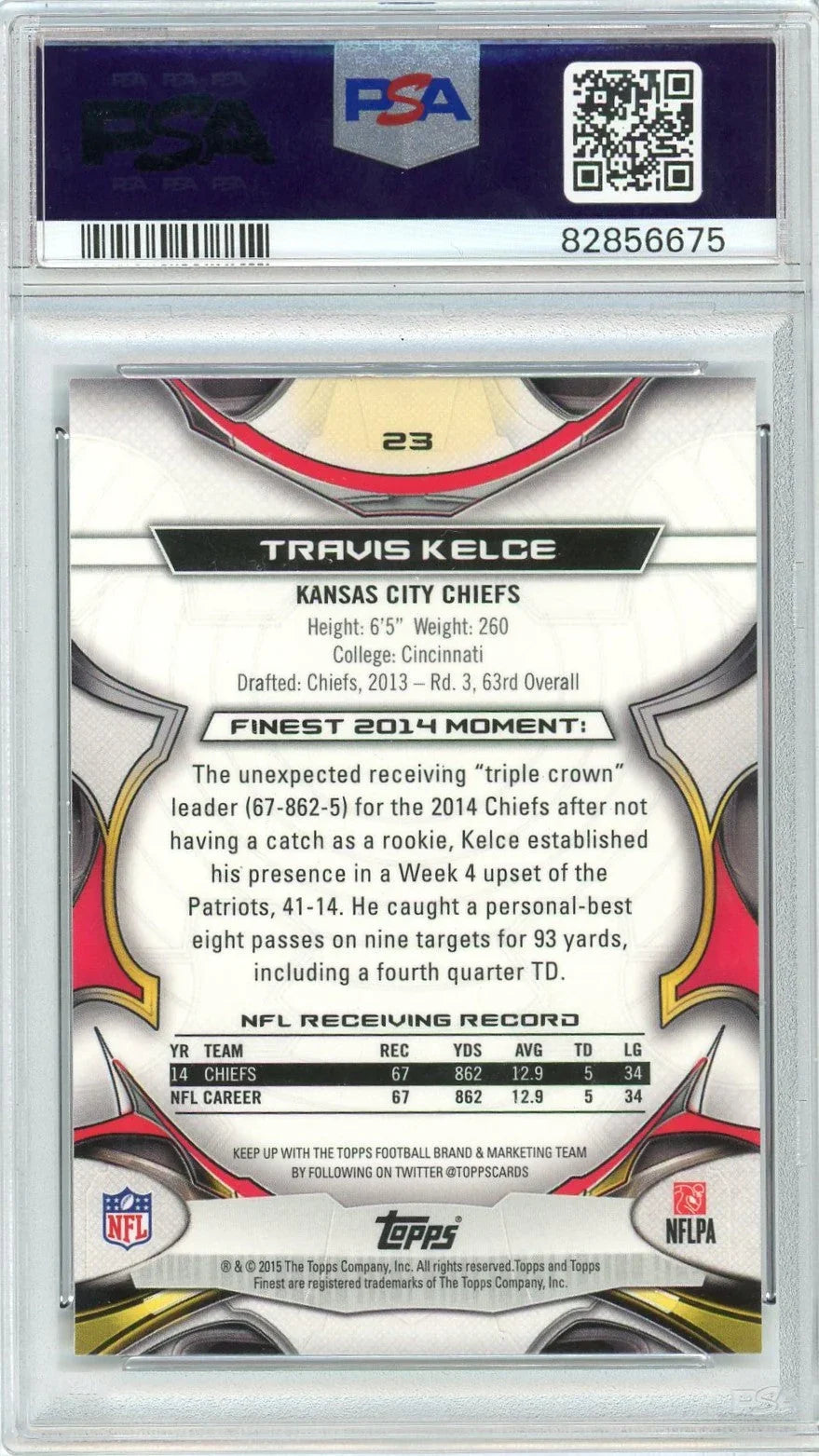 Graded 2015 Topps Finest Travis Kelce #23 Black Refractor Football Card PSA 10 Gem Mint