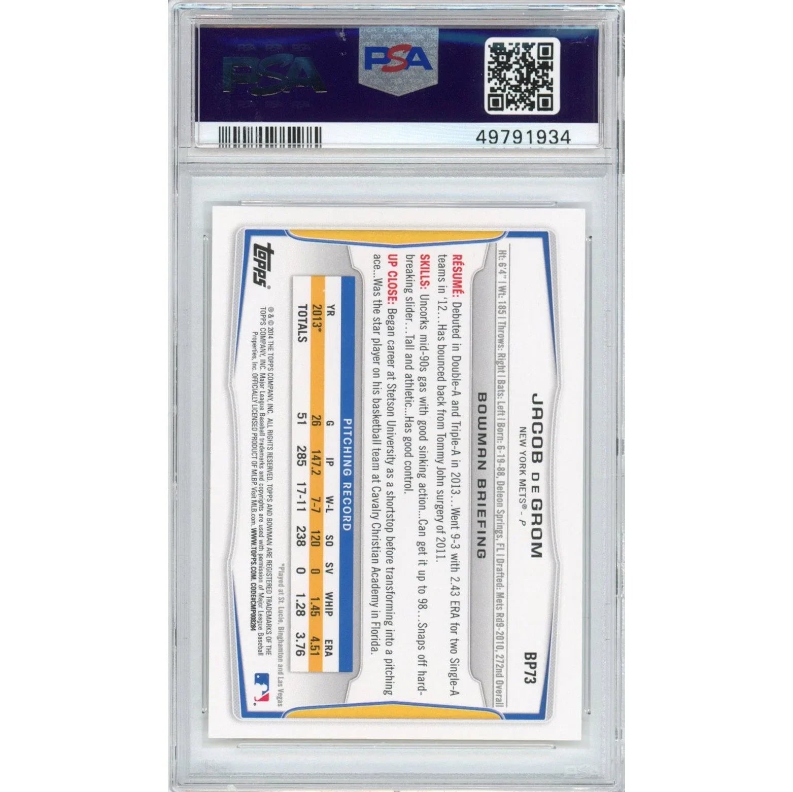 Graded 2014 Bowman Prospects Jacob DeGrom #BP73 Rookie RC Baseball Card PSA 10 Gem Mint