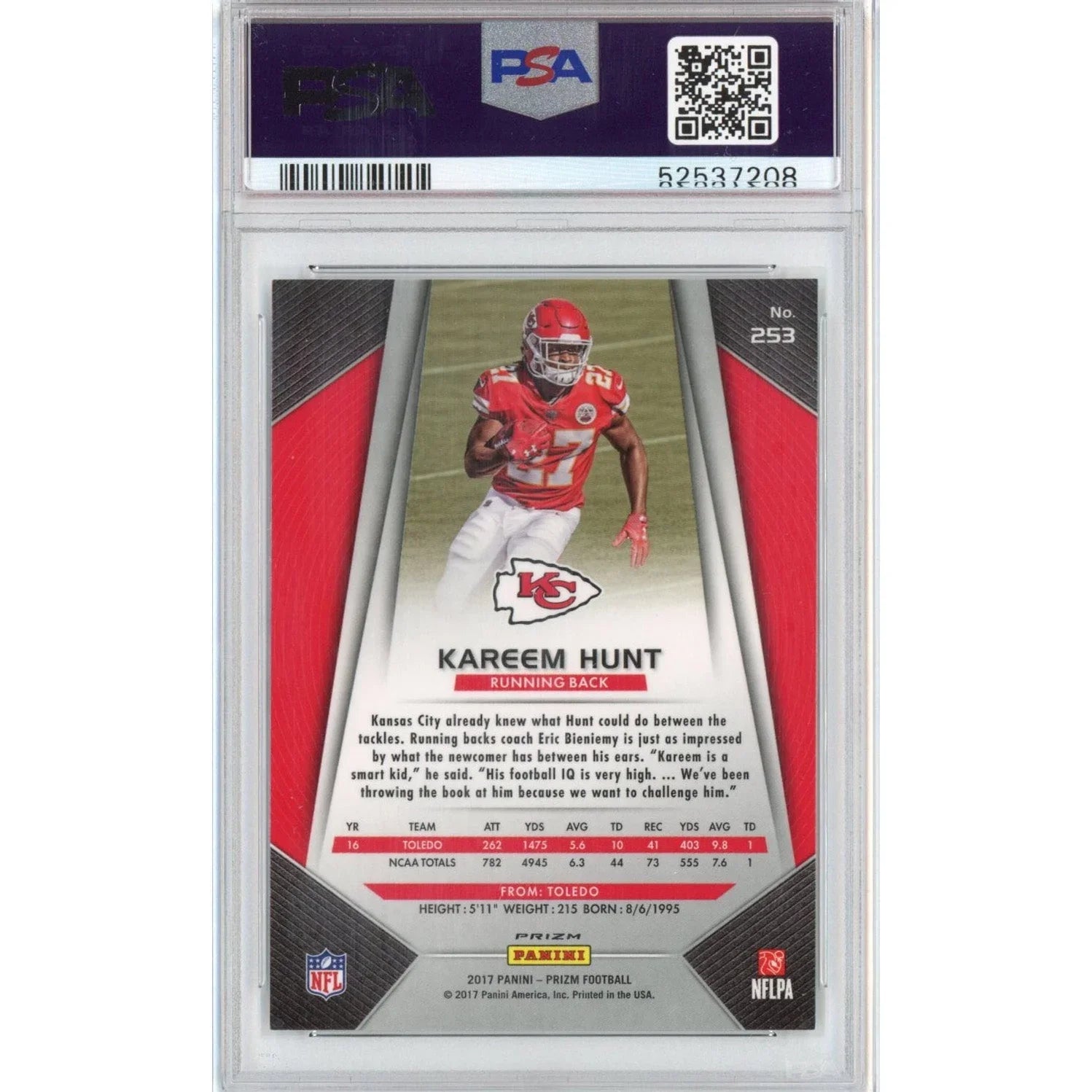 Graded 2017 Panini Prizm Kareem Hunt #253 Prizm Rookie RC Football Card PSA 10 Gem Mint