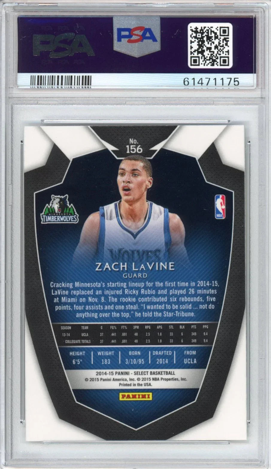 Graded 2014-15 Panini Select Zach LaVine #156 Rookie RC Basketball Card PSA 10 Gem Mint