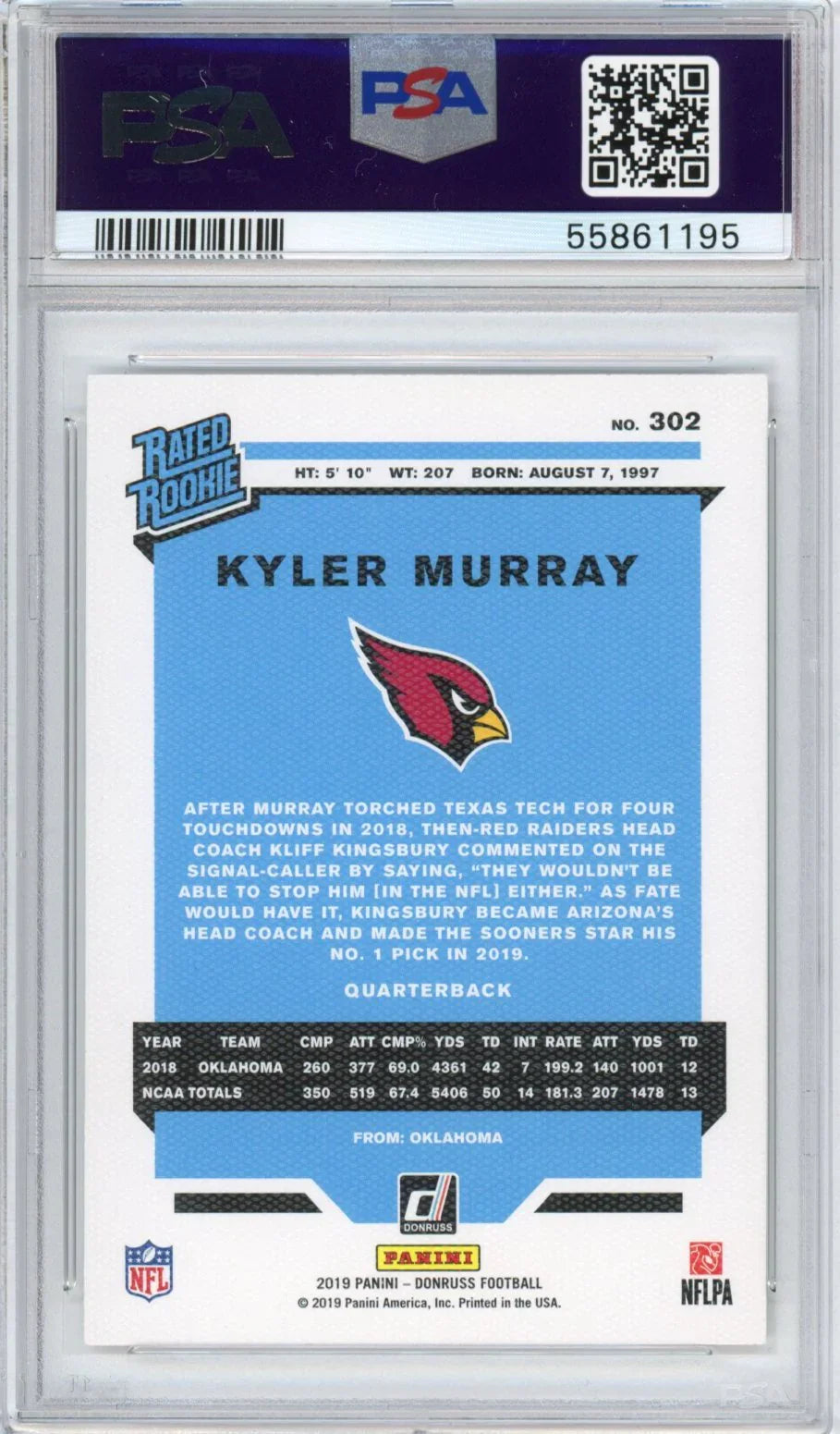 Graded 2019 Panini Donruss Kyler Murray #302 Canvas Rookie RC Football Card PSA 10 Gem Mint