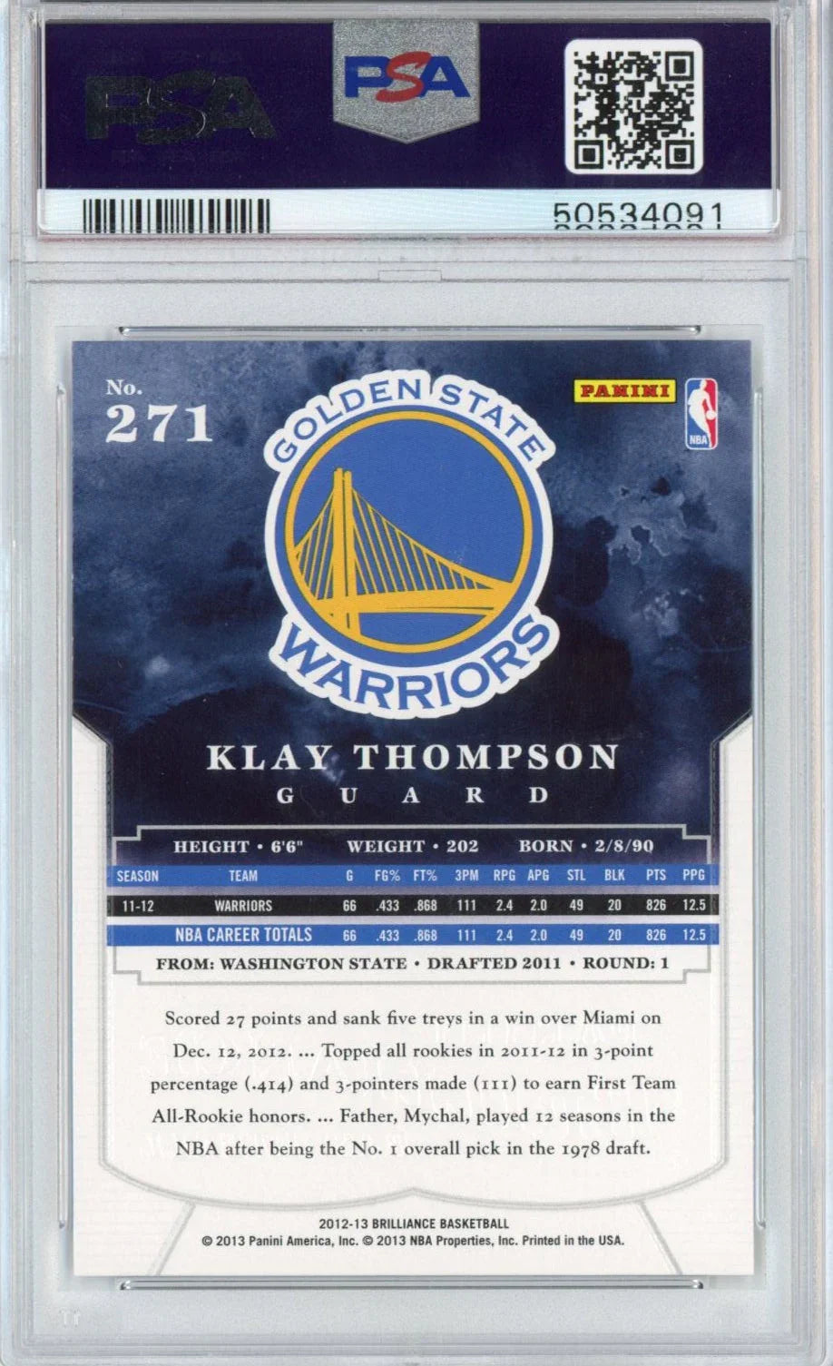 Graded 2012-13 Panini Brilliance Klay Thompson #271 Rookie RC Basketball Card PSA 10 Gem Mint