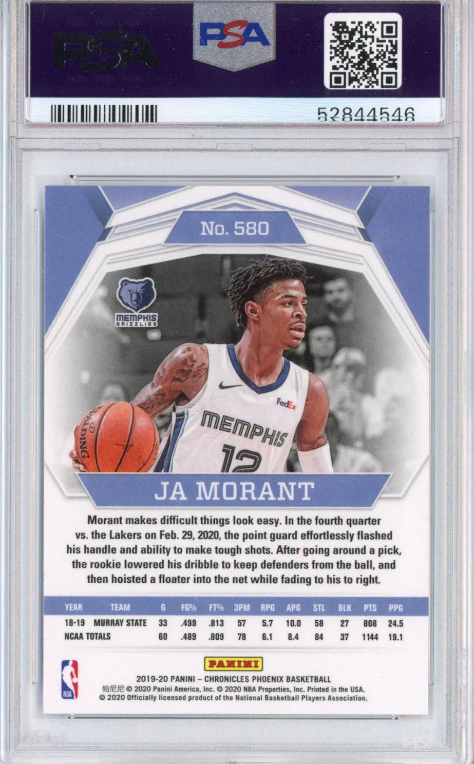 Graded 2019-20 Panini Chronicles Ja Morant #580 Rookie RC Basketball Card PSA 10 Gem Mint