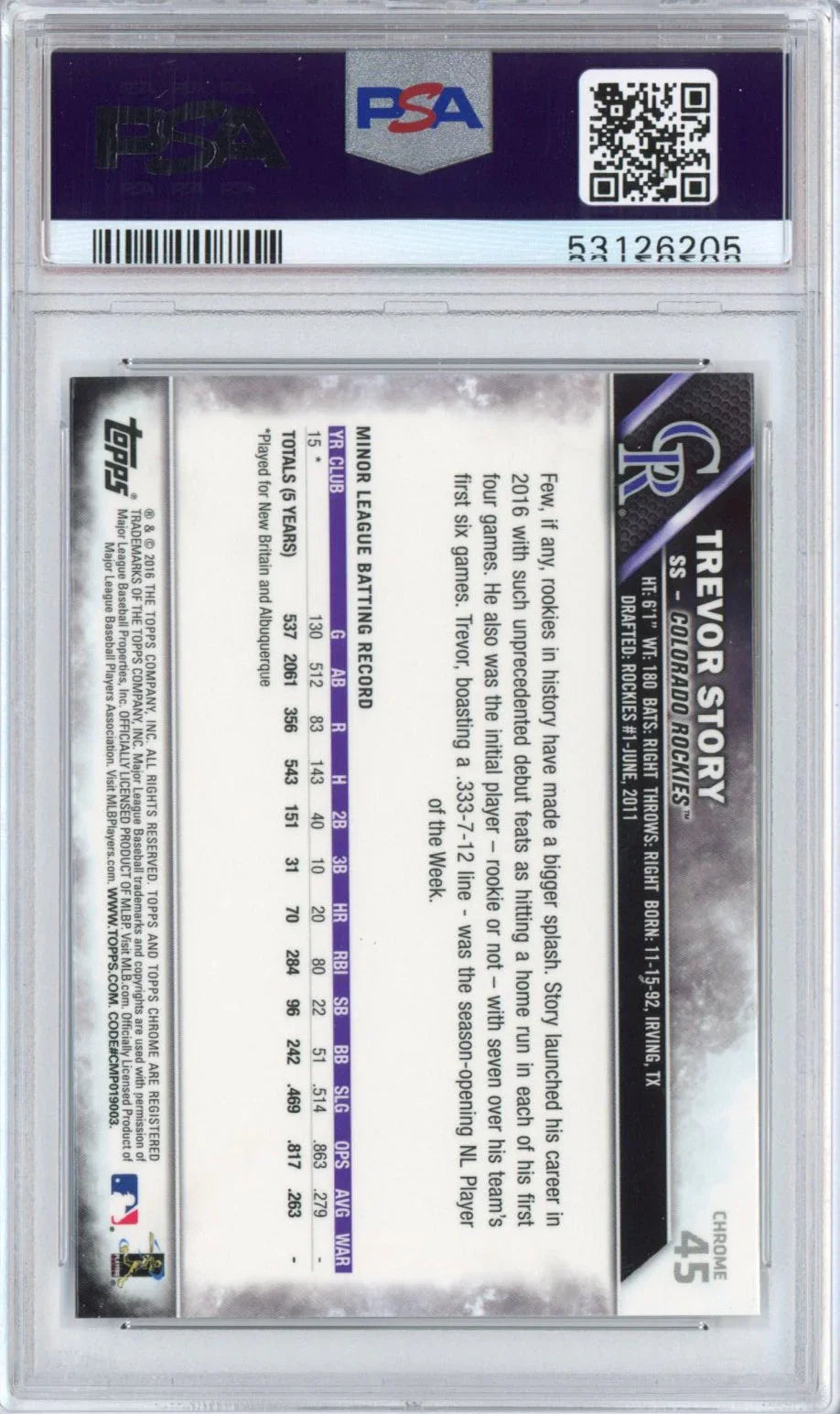Graded 2016 Topps Chrome Trevor Story #45 Rookie RC Baseball Card PSA 10 Gem Mint