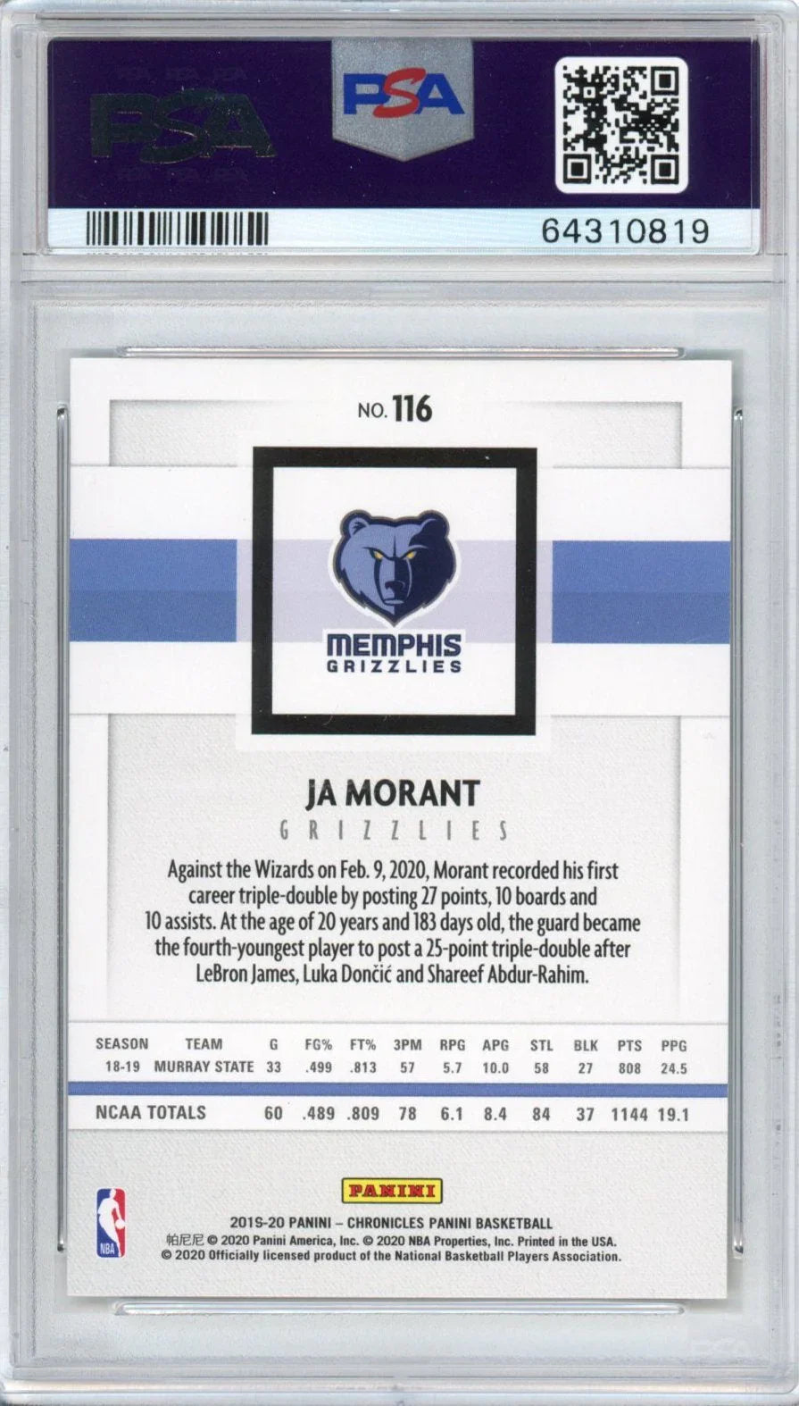 Graded 2019-20 Panini Chronicles Ja Morant #116 Young Dolph Key Glock Rookie RC Basketball Card PSA 9 Mint