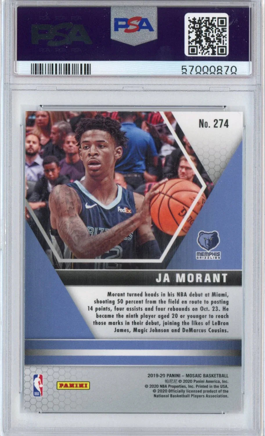 Graded 2019-20 Panini Mosaic Ja Morant #274 Rookie RC Basketball Card PSA 10 Gem Mint