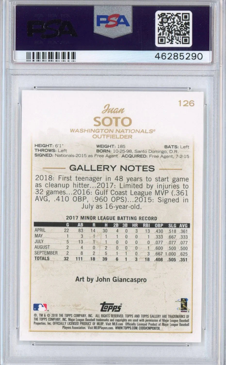 Graded 2018 Topps Gallery Juan Soto #126 Rookie RC Baseball Card PSA 10 Gem Mint