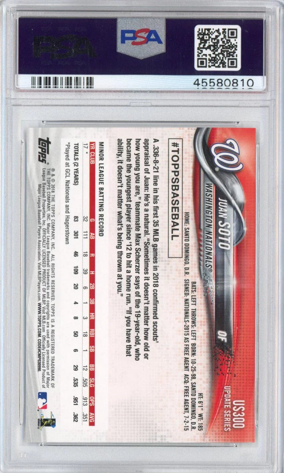Graded 2018 Topps Update Juan Soto #US300 Batting Rookie RC Baseball Card PSA 10 Gem Mint