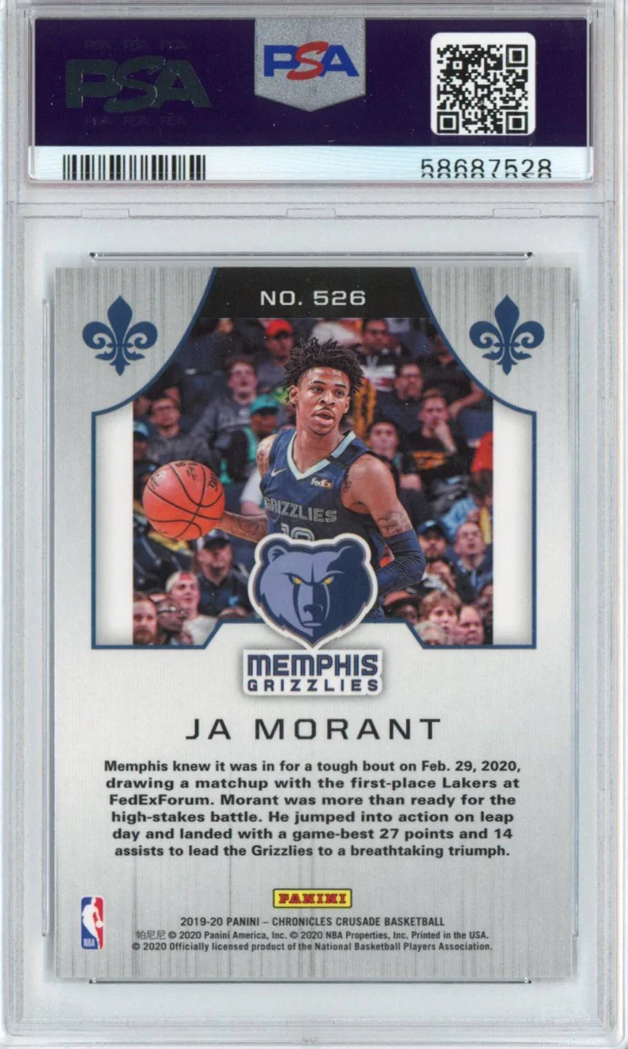 Graded 2019-20 Panini Chronicles Ja Morant #526 Rookie RC Basketball Card PSA 10 Gem Mint