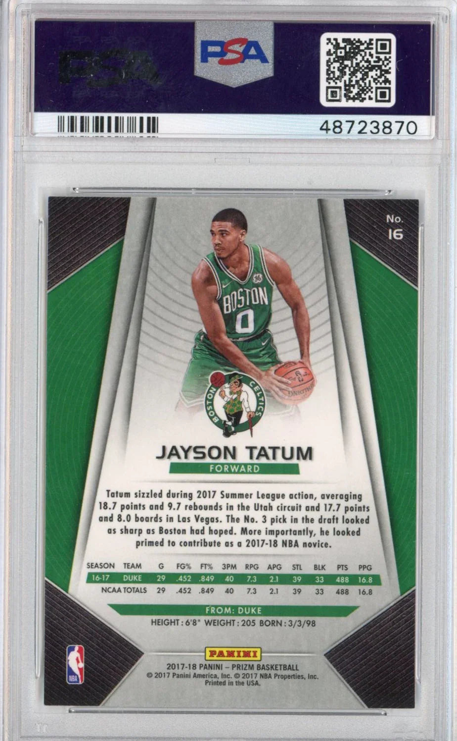 Graded 2017-18 Panini Prizm Jayson Tatum #16 Rookie RC Basketball Card PSA 10 Gem Mint