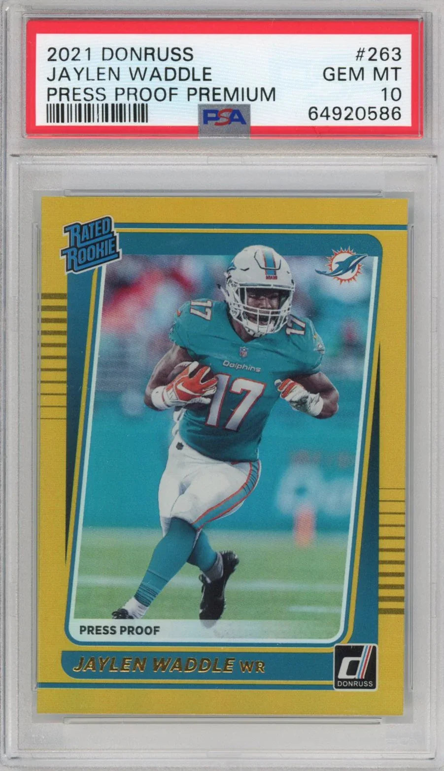 Graded 2021 Panini Donruss Jaylen Waddle #263 Press Proof Premium Rookie RC Football Card PSA 10 Gem Mint