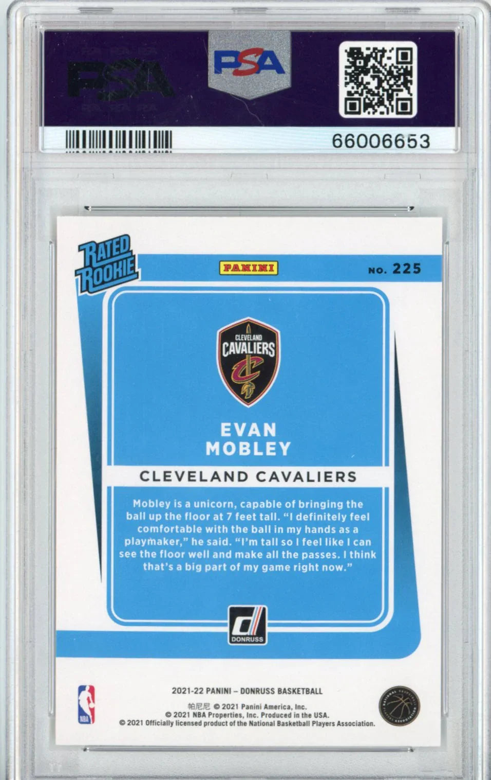Graded 2021-22 Panini Donruss Evan Mobley #225 Rookie RC Basketball Card PSA 10 Gem Mint