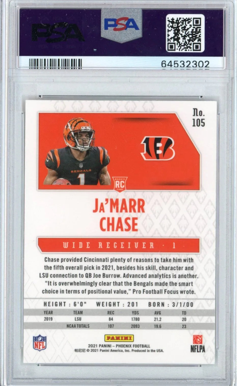 Graded 2021 Panini Phoenix Ja'Marr Chase #105 Fire Burst Rookie RC Football Card PSA 10 Gem Mint