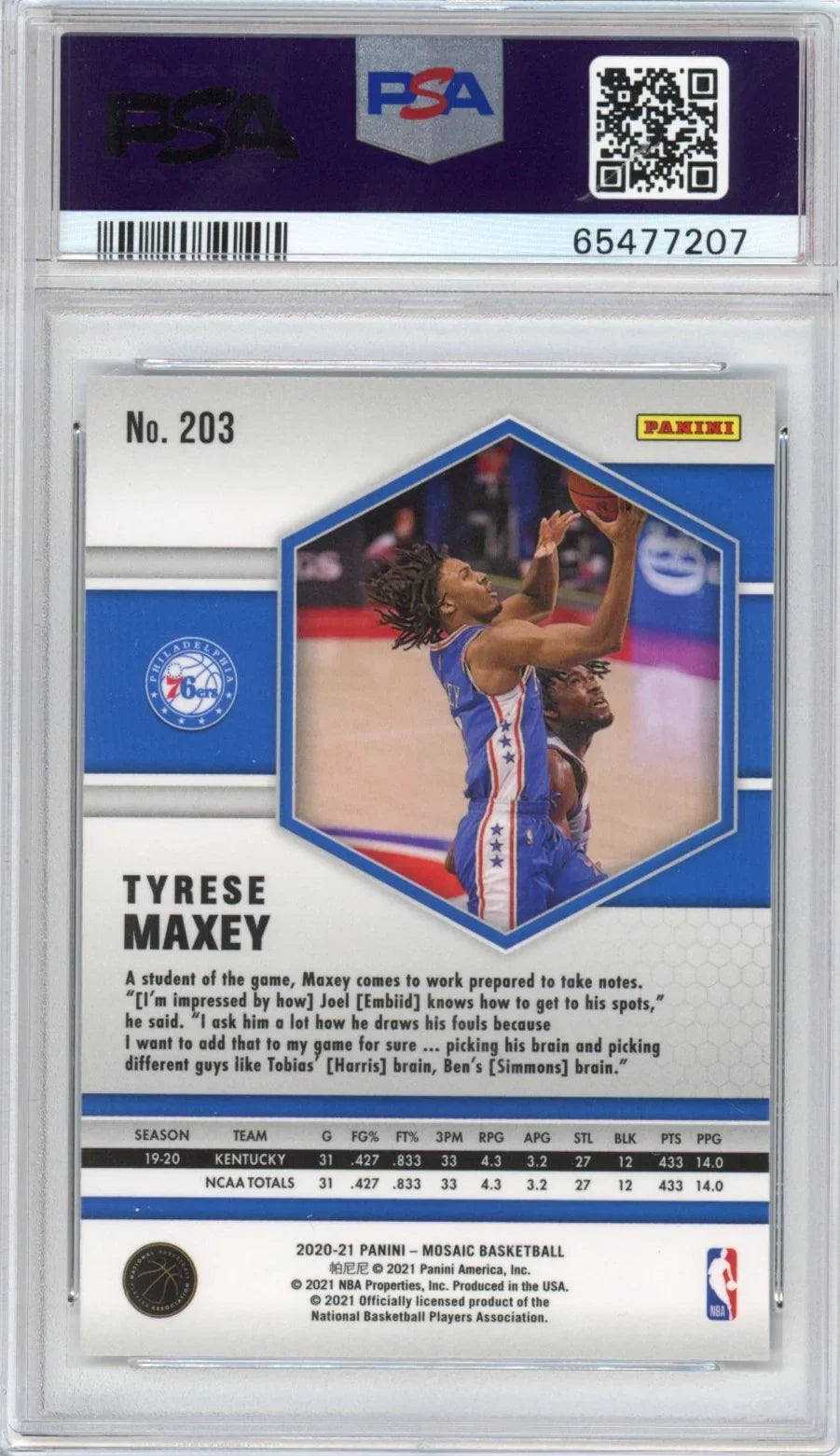Graded 2020-21 Panini Mosaic Tyrese Maxey #203 Rookie RC Basketball Card PSA 10 Gem Mint