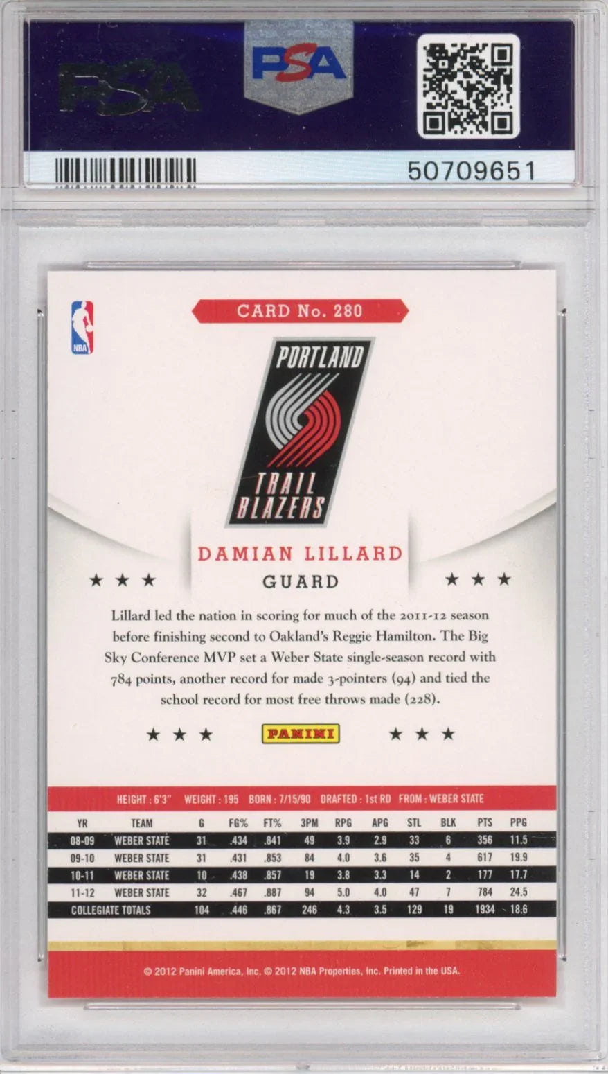 Graded 2012-13 Panini Hoops Damian Lillard #280 Rookie RC Basketball Card PSA 10 Gem Mint