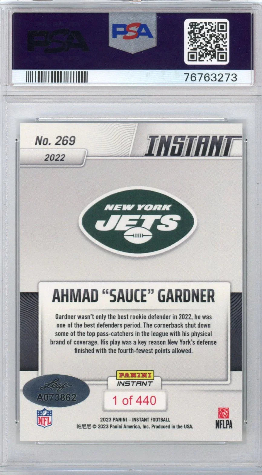 Graded 2022 Panini Instant Ahmad Sauce Gardner #269 Rookie RC Football Card PSA 10 Auto Gem Mint