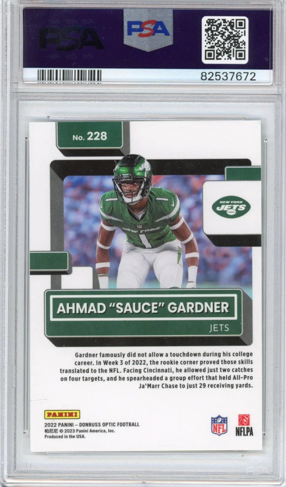Graded 2022 Panini Donruss Optic Ahmad Sauce Gardner #228 Rookie RC Football Card PSA 9 Mint