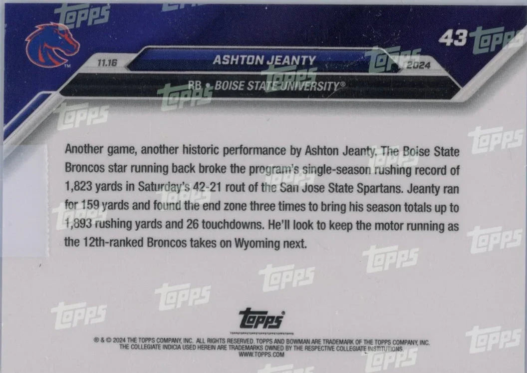2024 Topps Bowman U Now Ashton Jeanty #43 Blue #/49 Boise State Broncos Rookie RC Football Card