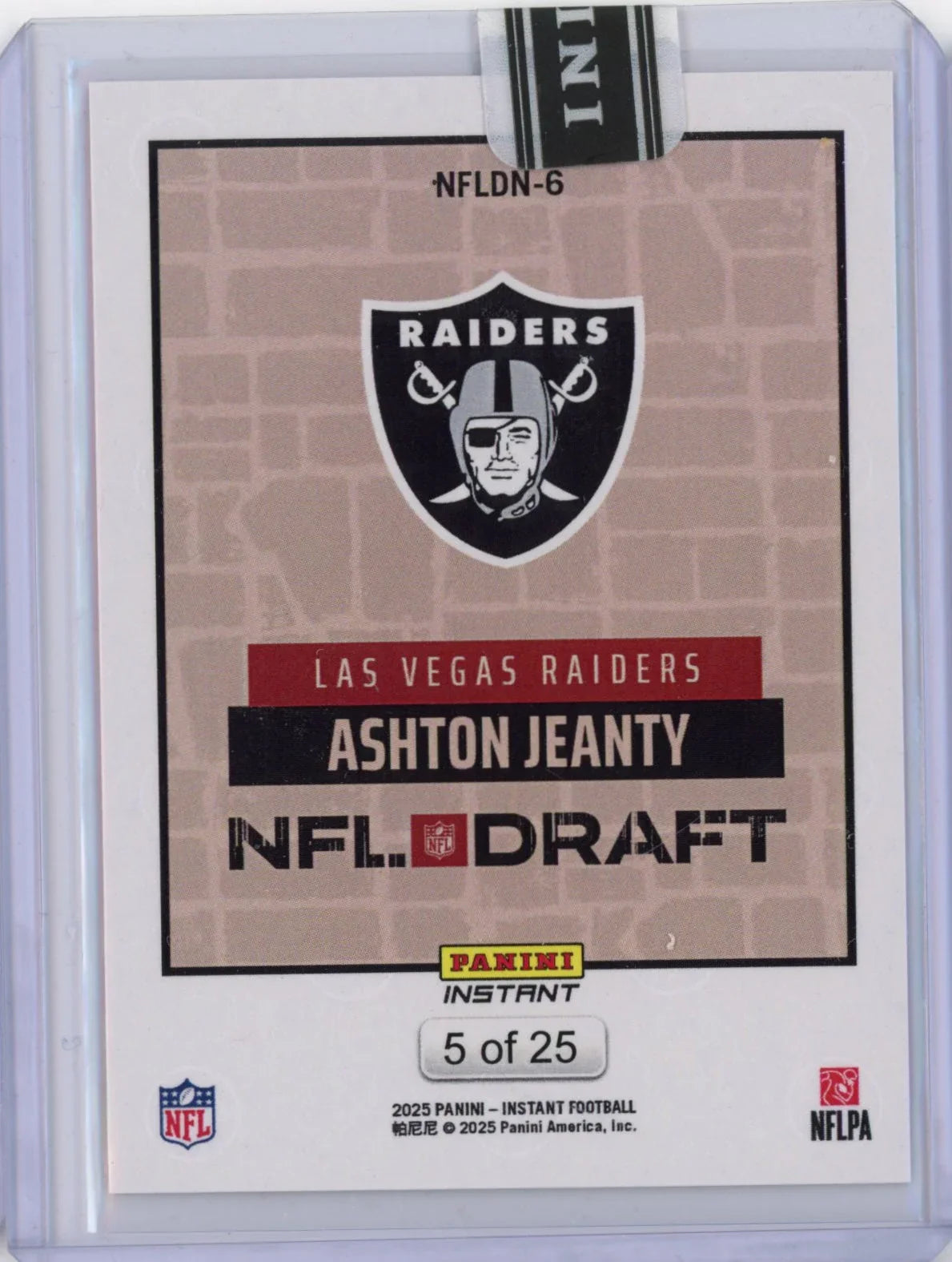 2025 Panini Instant NFL Ashton Jeanty #DN6 Draft Night Beige /25 Las Vegas Raiders Rookie RC Football Card
