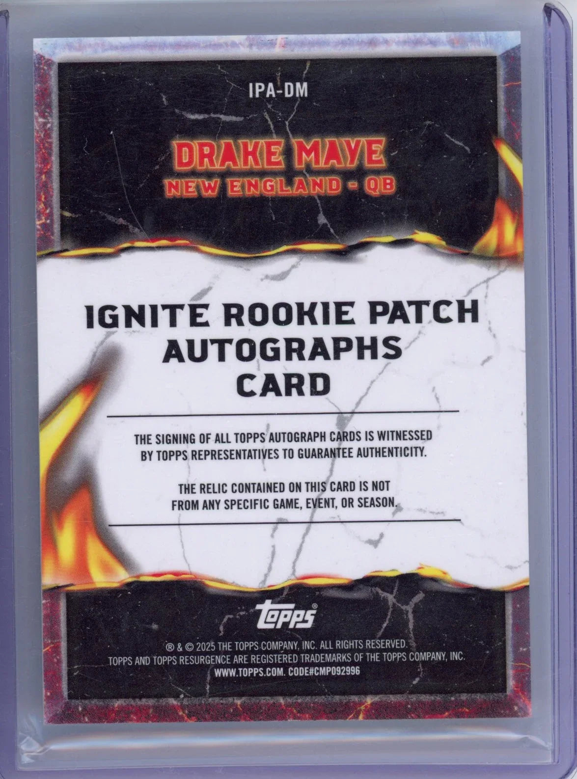 2024 Topps Resurgence Drake Maye #IPADM Ignite Rookie Patch Auto Rookie RC Football Card