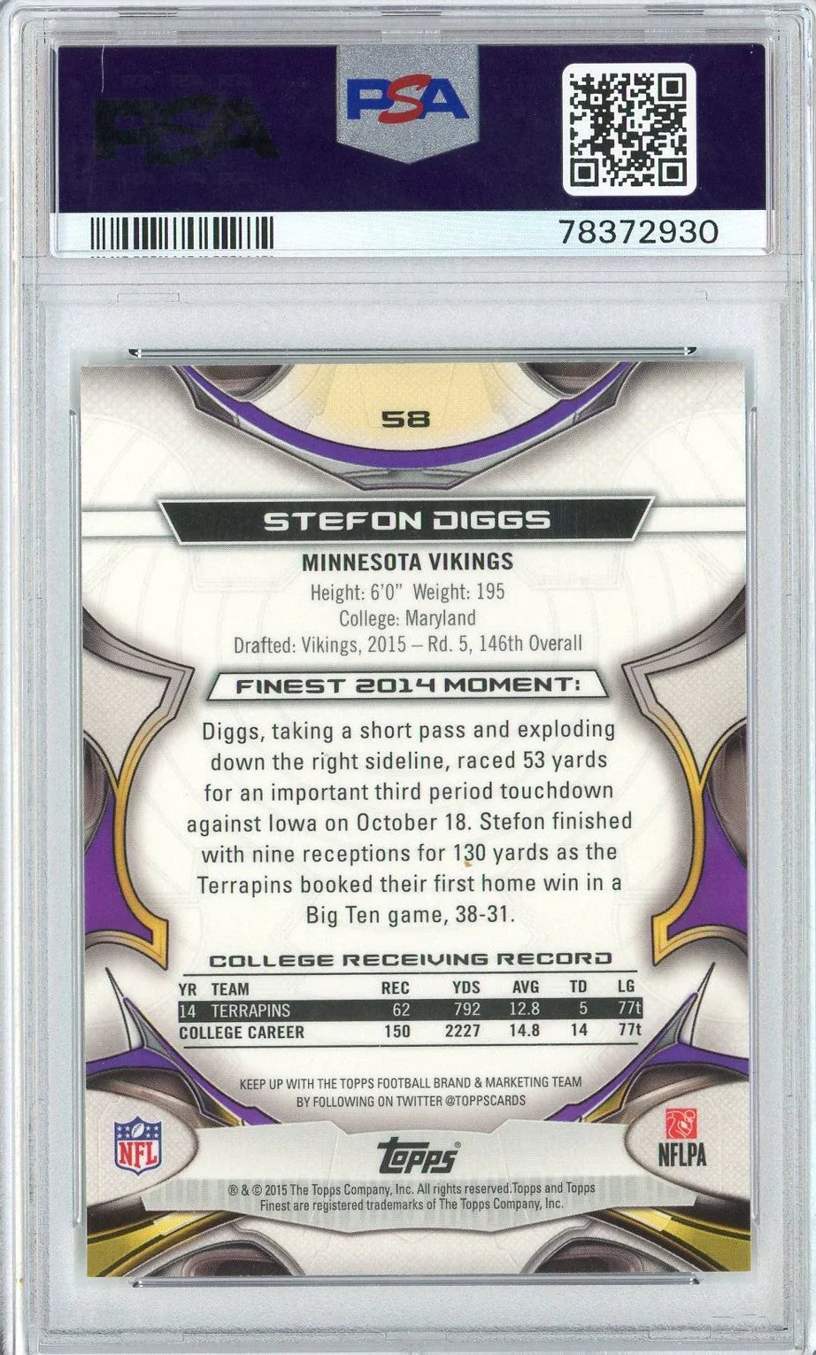 Graded 2015 Topps Finest Stefon Diggs #58 Refractor Rookie RC Football Card PSA 10 Gem Mint