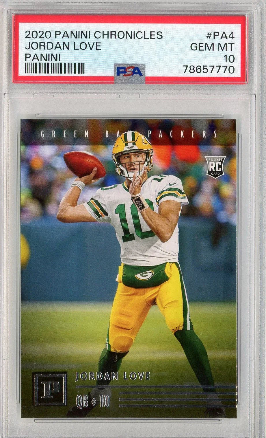 Graded 2020 Panini Chronicles Jordan Love #PA4 Panini Rookies RC Football Card PSA 10 Gem Mint