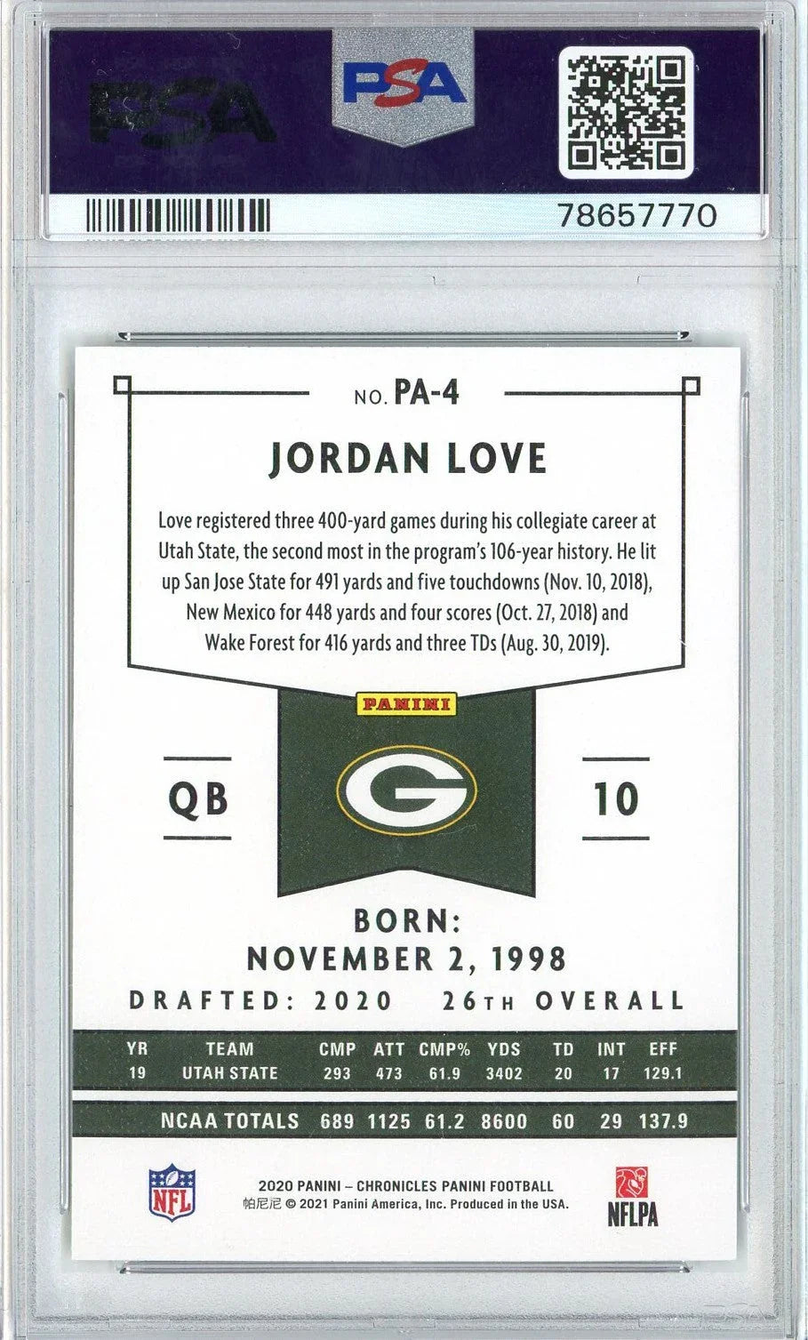 Graded 2020 Panini Chronicles Jordan Love #PA4 Panini Rookies RC Football Card PSA 10 Gem Mint