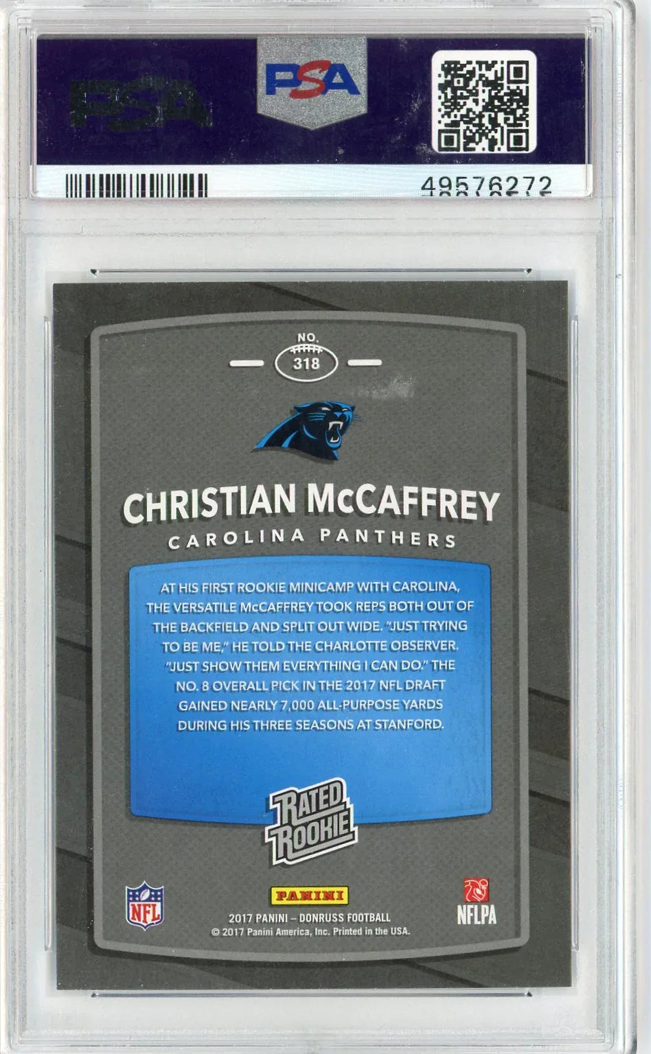 Graded 2017 Panini Donruss Christian McCaffrey #318 Rookie RC Football Card PSA 10 Gem Mint