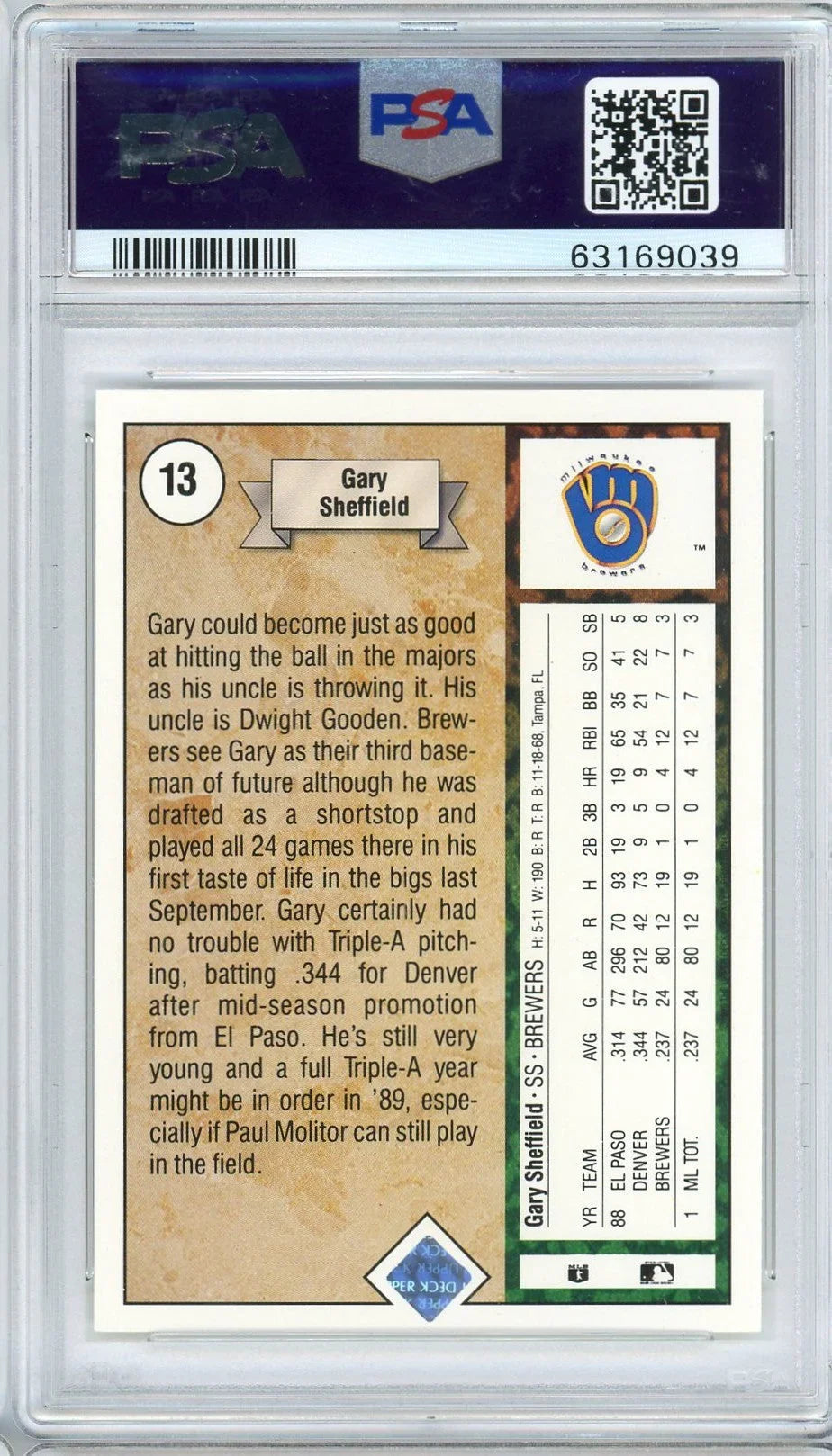 Graded 1989 Upper Deck Star Rookie Gary Sheffield #13 Rookie RC Baseball Card PSA 10 Gem Mint