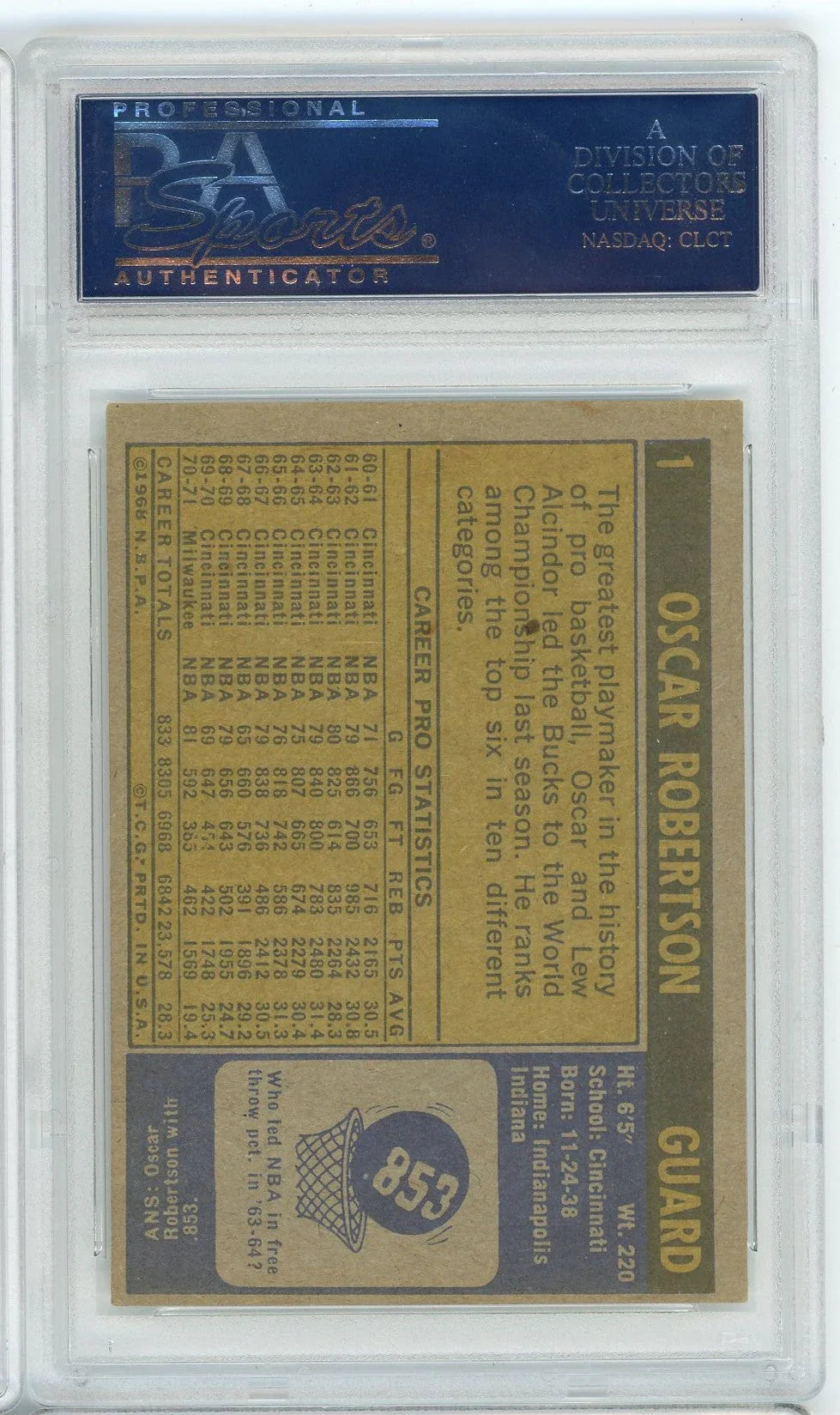 Graded 1971 Topps Oscar Robertson #1 Basketball Card PSA 4 VG-EX