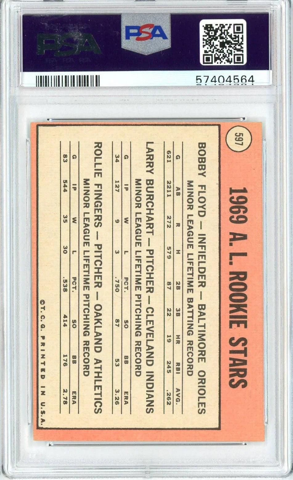 Graded 1969 Topps Rollie Fingers #597 Rookie RC Baseball Card PSA 6 EX-MT