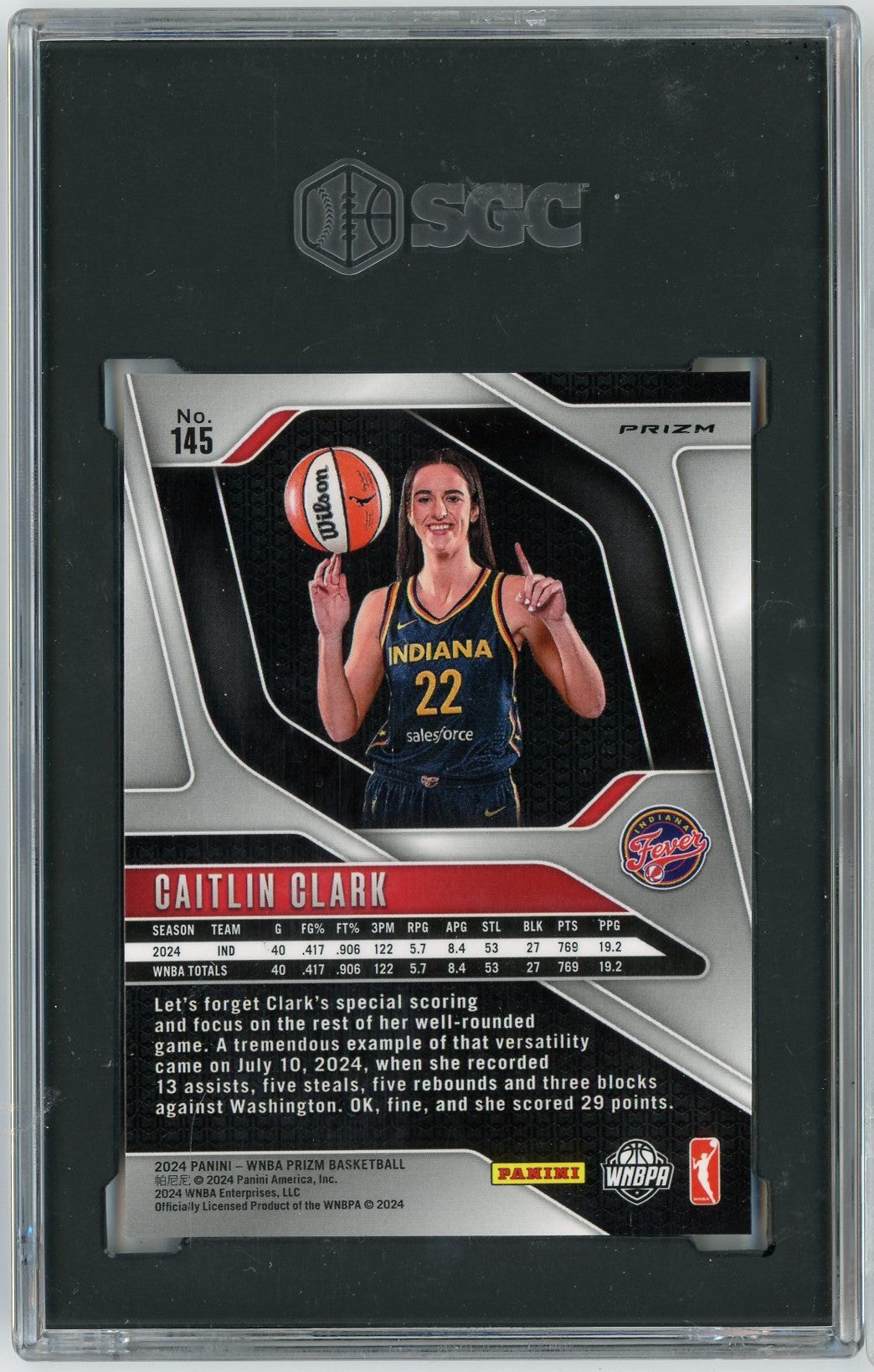 Graded 2024 Panini Prizm Orange Ice Prizm Caitlin Clark #145 Rookie RC Basketball Card SGC 9