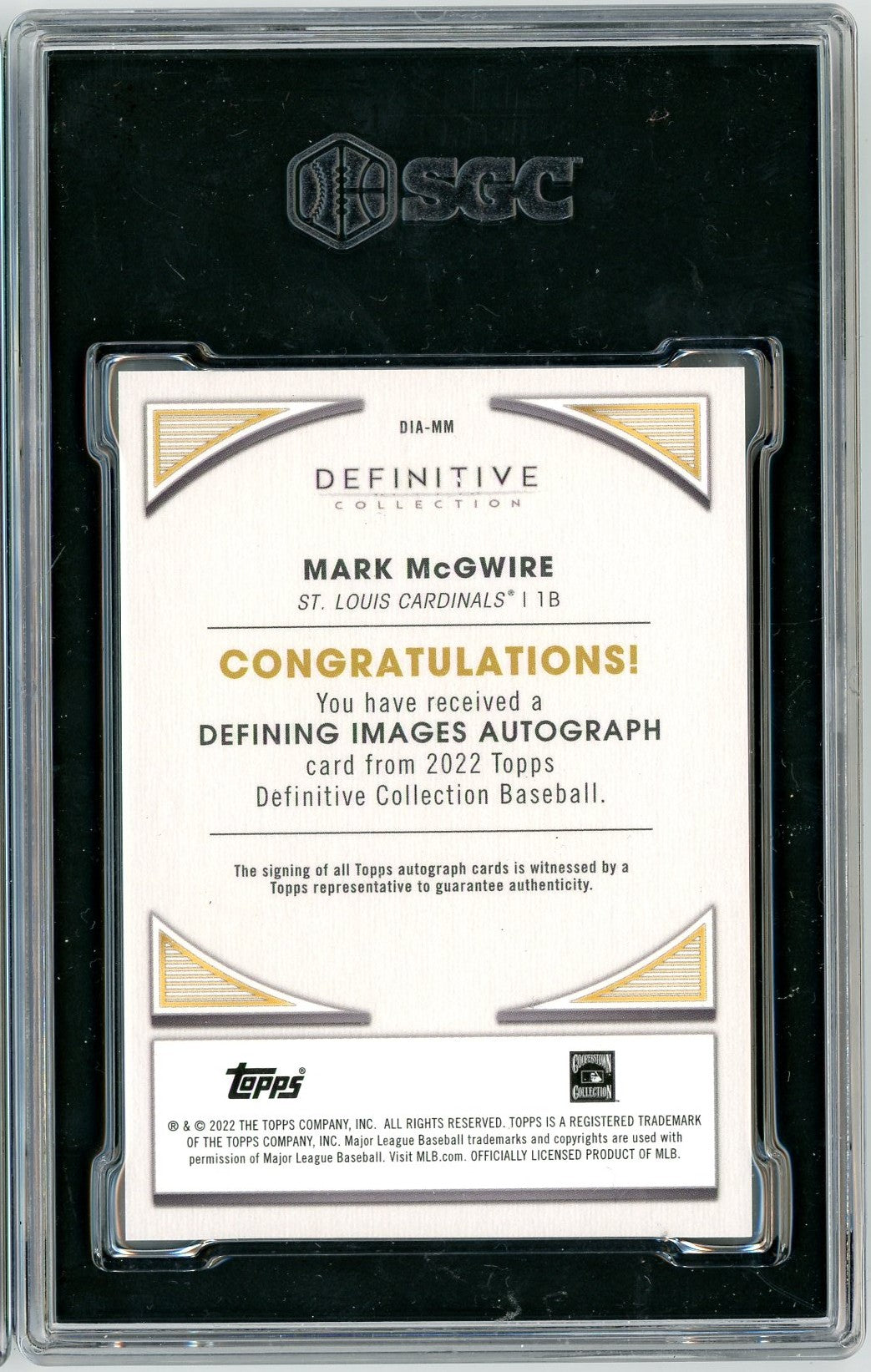 Graded 2022 Topps Definitive Collection Defining Images Mark McGwire #DIA-MM Auto Baseball Card SGC 10 Auto 10