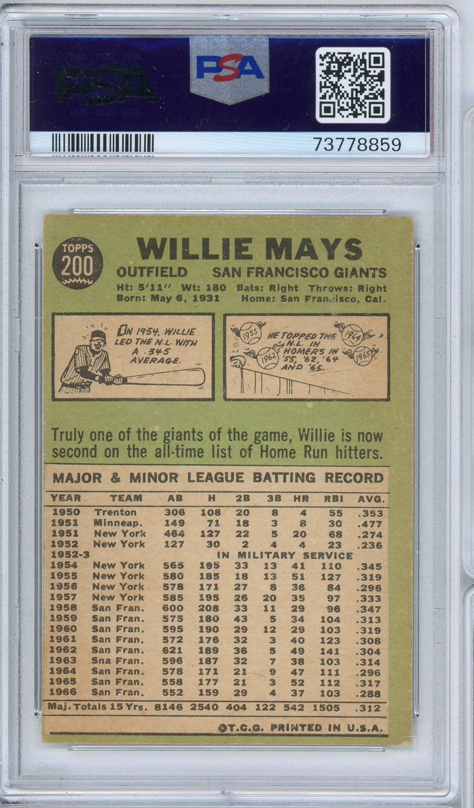 Graded 1967 Topps Willie Mays #200 Baseball Card PSA 4 Very Good-Excellent