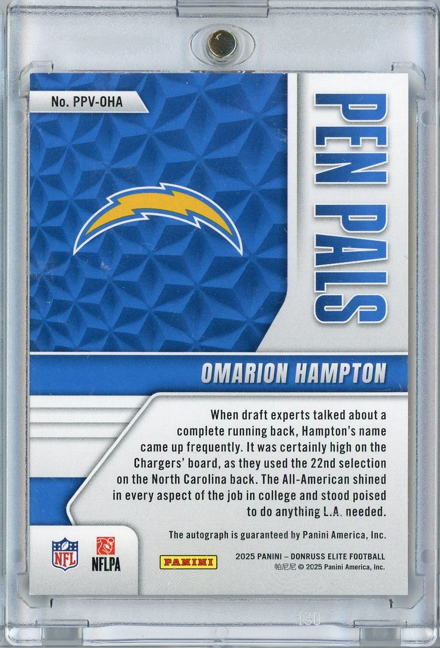 2025 Donruss Elite Pen Pals Vertical Omarion Hampton #PPVOHA Black Gold Ink Auto Rookie RC Football Card