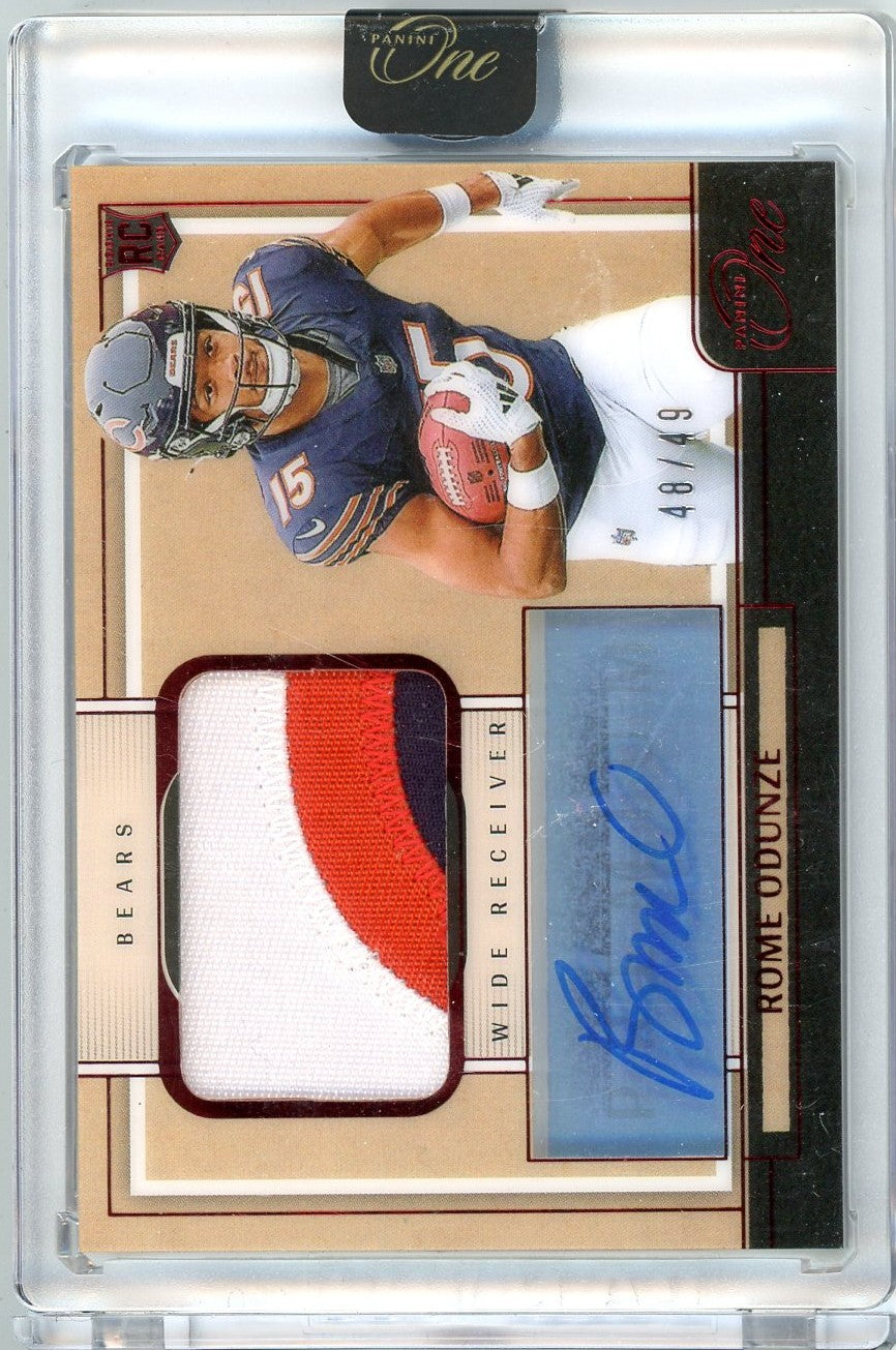 2024 Panini One Rome Odunze #104 /49 Red Rookie Patch Auto Rookie RC Football Card
