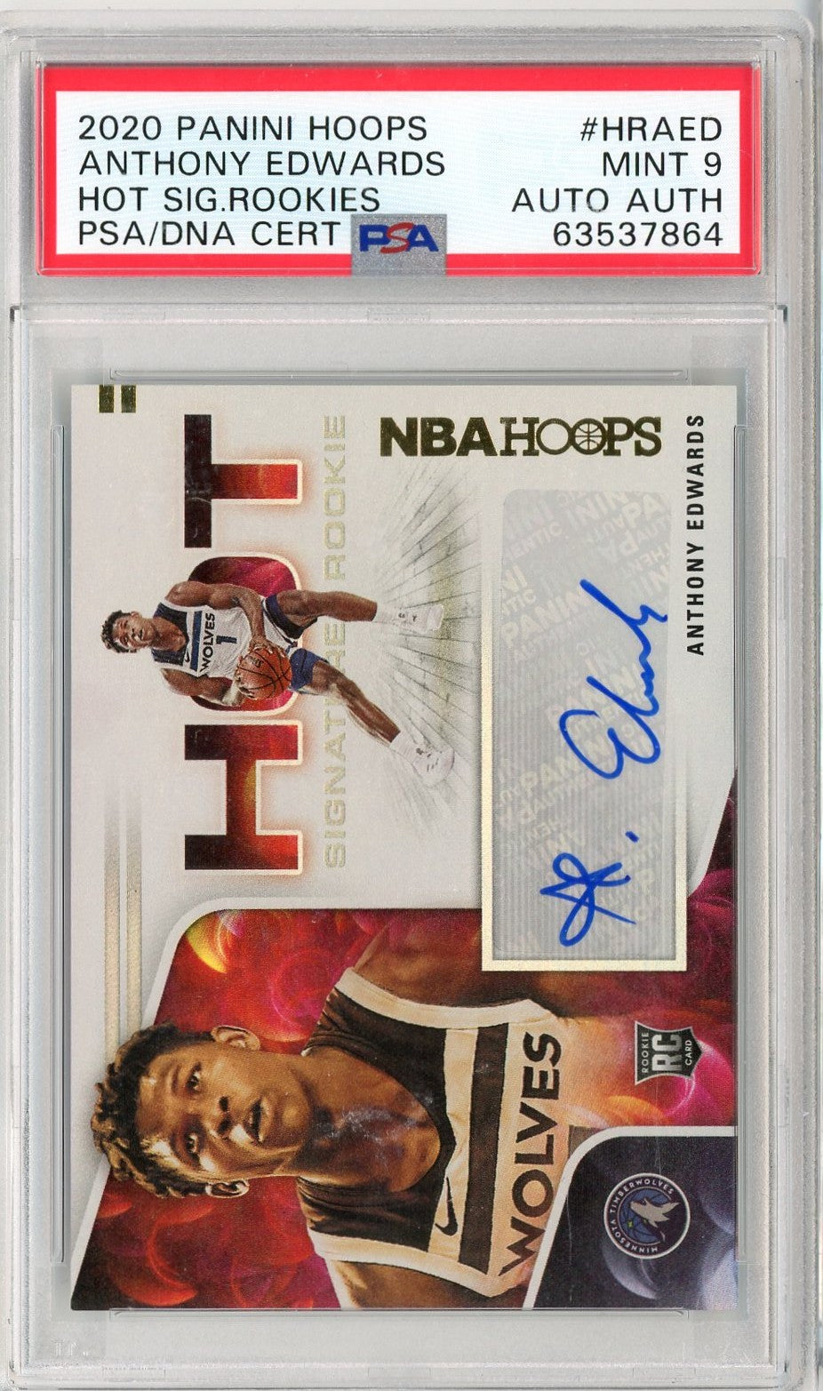 Graded 2020 Panini Hoops Anthony Edwards #HRAED Hot Signature Rookies Auto Rookie RC Basketball Card PSA 9 Mint