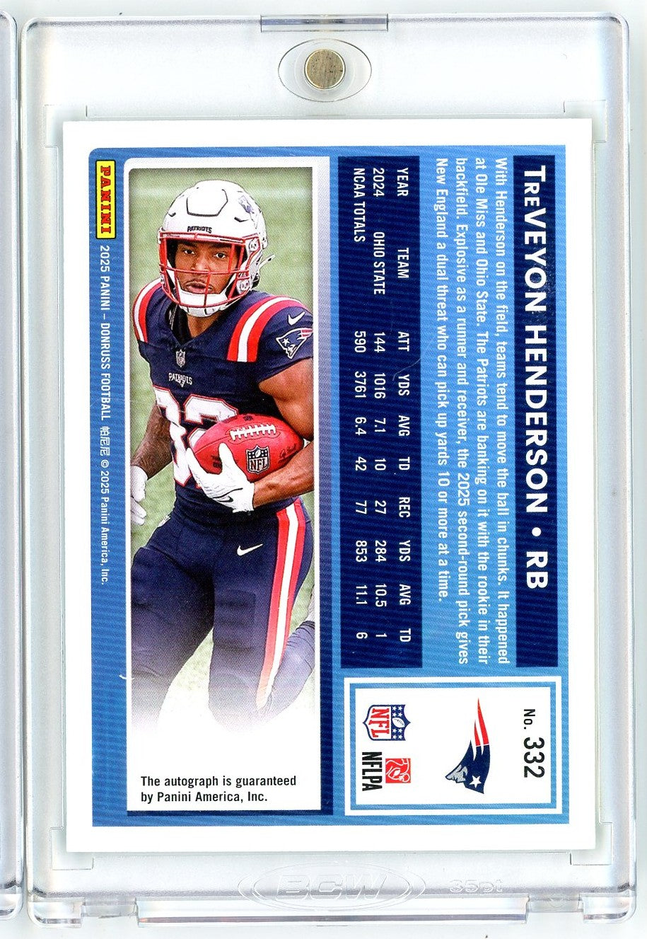 2025 Panini Donruss TreVeyon Henderson #332 Green Auto New England Patriots Rookie RC Football Card